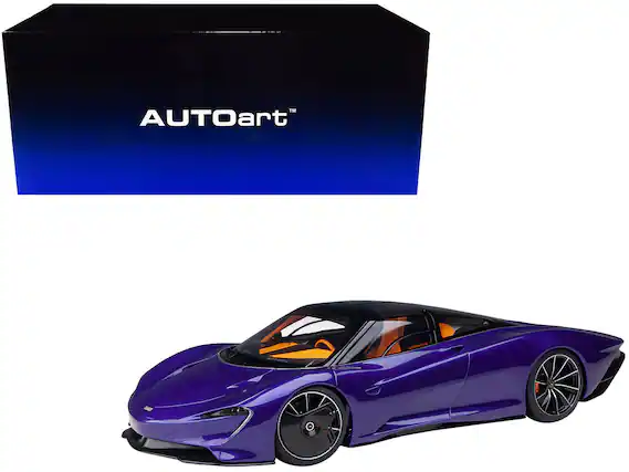 Front. Autoart - McLaren Speedtail Lantana Purple Metallic with Black Top and Yellow Interior and Suitcase Accessories 1/18 - Purple Metallic With Black.
