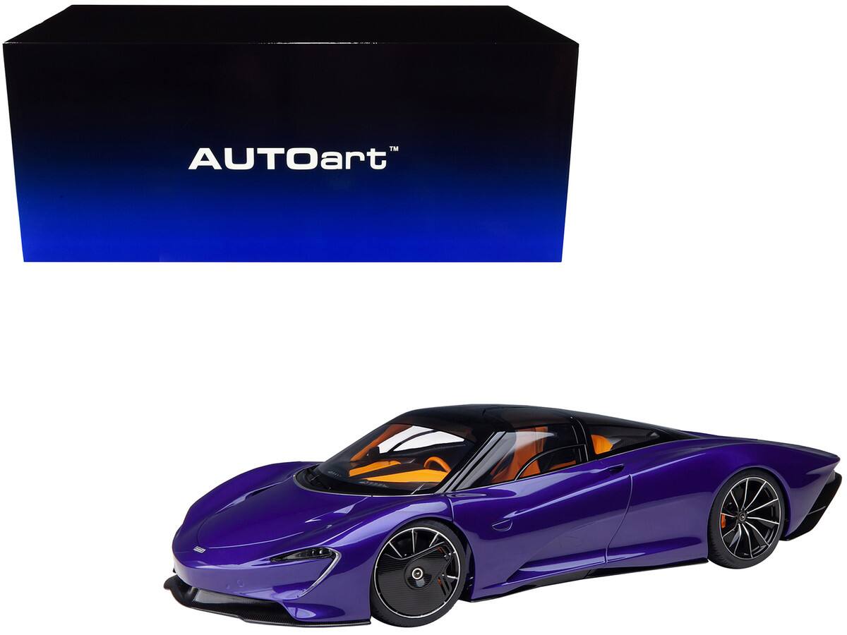 Front. Autoart - McLaren Speedtail Lantana Purple Metallic with Black Top and Yellow Interior and Suitcase Accessories  1/18 - Purple Metallic With Black.