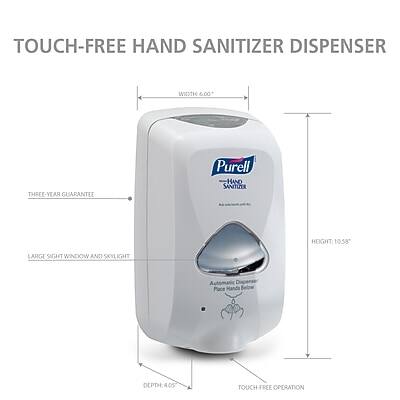 TOUCH-FREE HAND SANITIZER DISPENSER

- WIDTH: 6.00"
- HEIGHT: 10.58"
- DEPTH: 4.05"

THREE-YEAR GUARANTEE

LARGE SIGHT WINDOW AND SKYLIGHT

Automatic Dispenser
Place Hands Below

TOUCH FREE OPERATION