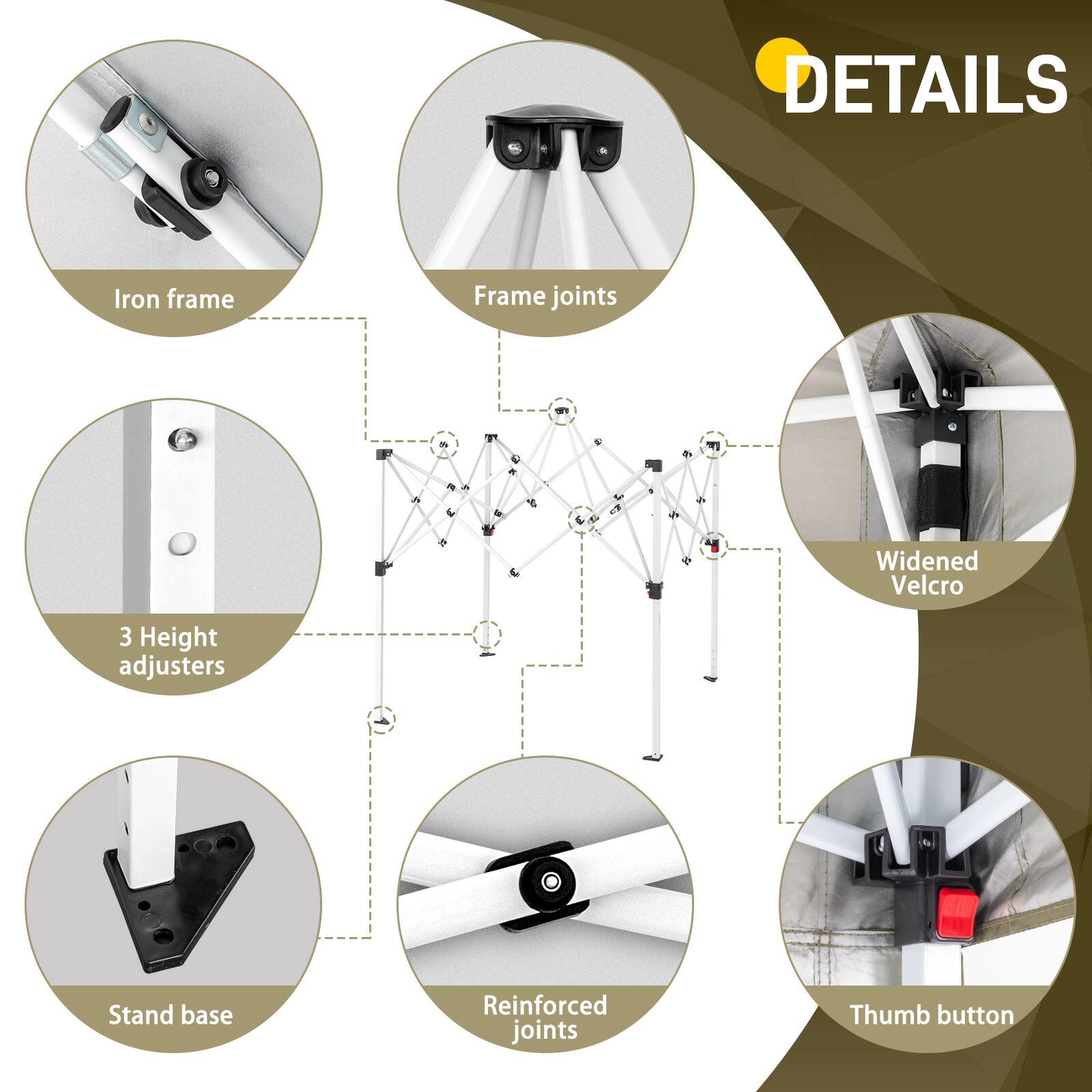 DETAILS  
- Iron frame  
- Frame joints  
- Widened Velcro  
- 3 Height adjusters  
- Stand base  
- Reinforced joints  
- Thumb button