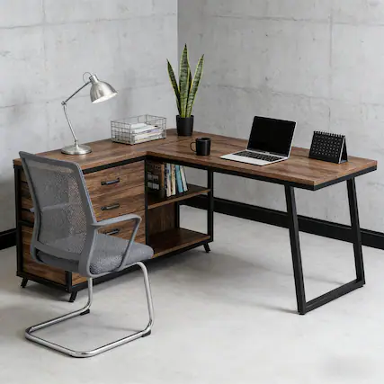 Front. Forest'nSky - L-Shaped Computer Desk with 3 Drawers, File Storage & Wood/Metal Design,Rustic Brown - Rustic Brown.