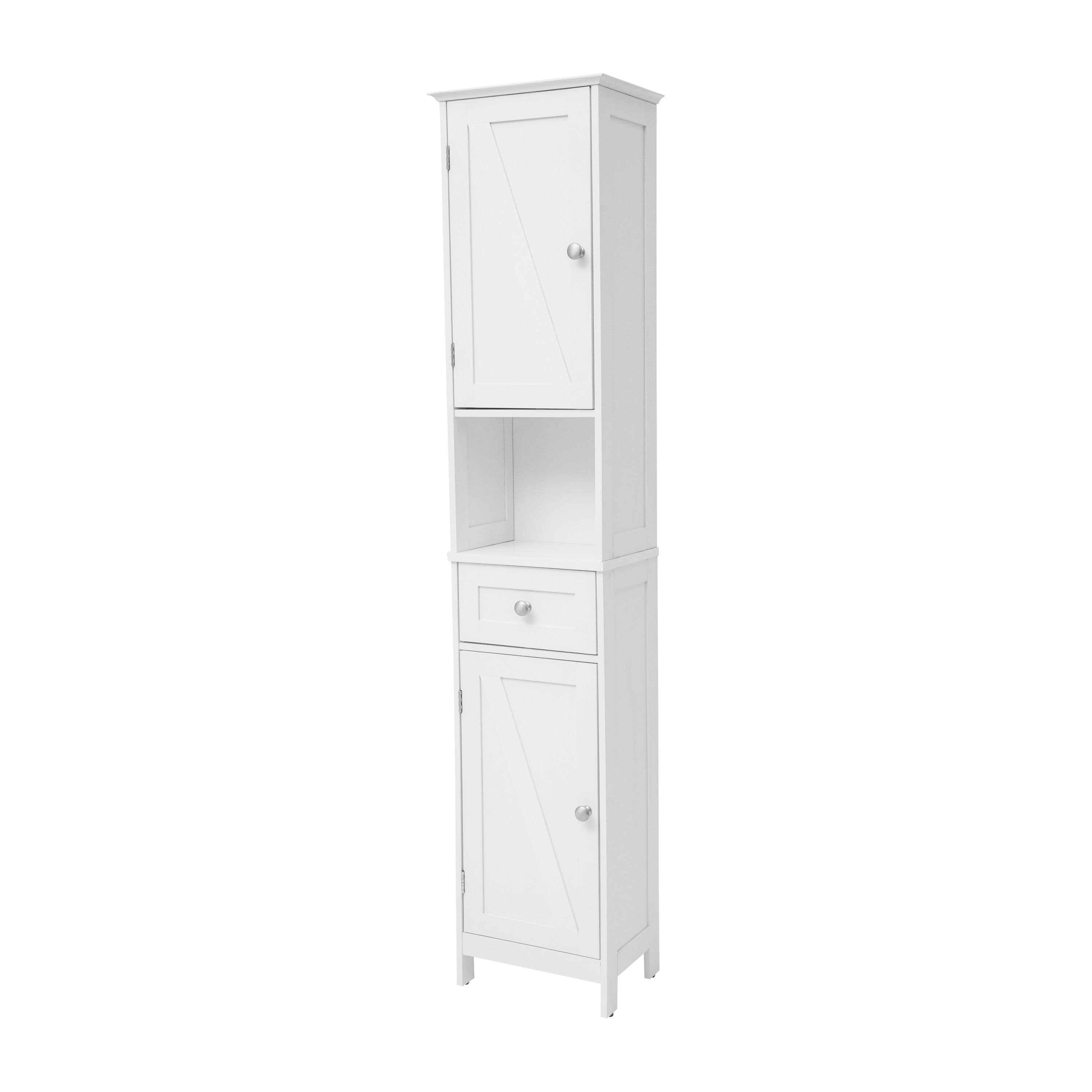 Alt View 1. Emma + Oliver - Farmhouse Freestanding Linen Tower with Shelves, Drawer, and Doors - White.