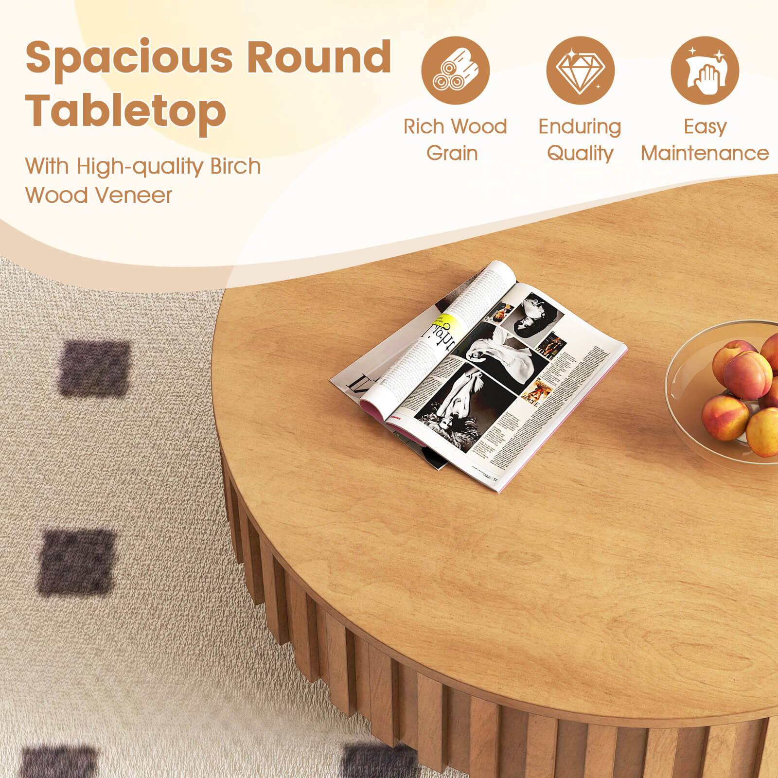 Spacious Round Tabletop  
With High-quality Birch Wood Veneer  

Rich Wood Grain  
Enduring Quality  
Easy Maintenance