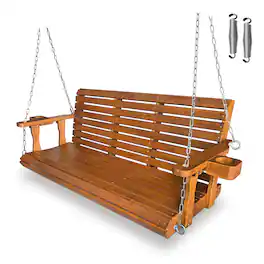 Fortune Candy - Wooden 3-Seater Porch Swing w/Cupholders , High Back & Deep Seat, Chains & Springs, Heavy Duty 880lbs, 5FT - Teak Tone