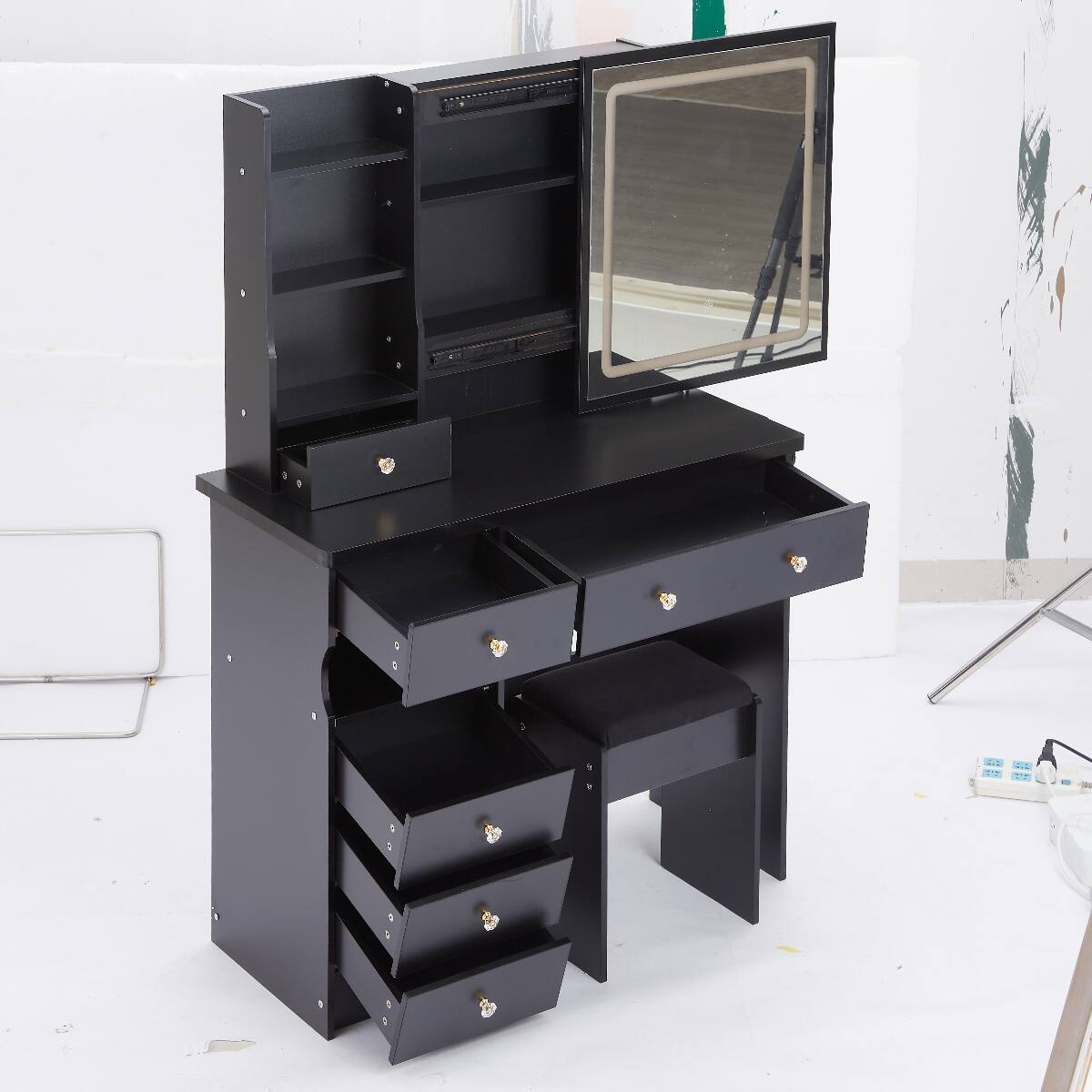 Left. Loheer - Loheer 37 Inch Makeup Vanity Table with Cushioned Stool, Sliding LED Mirror, Black - Black.