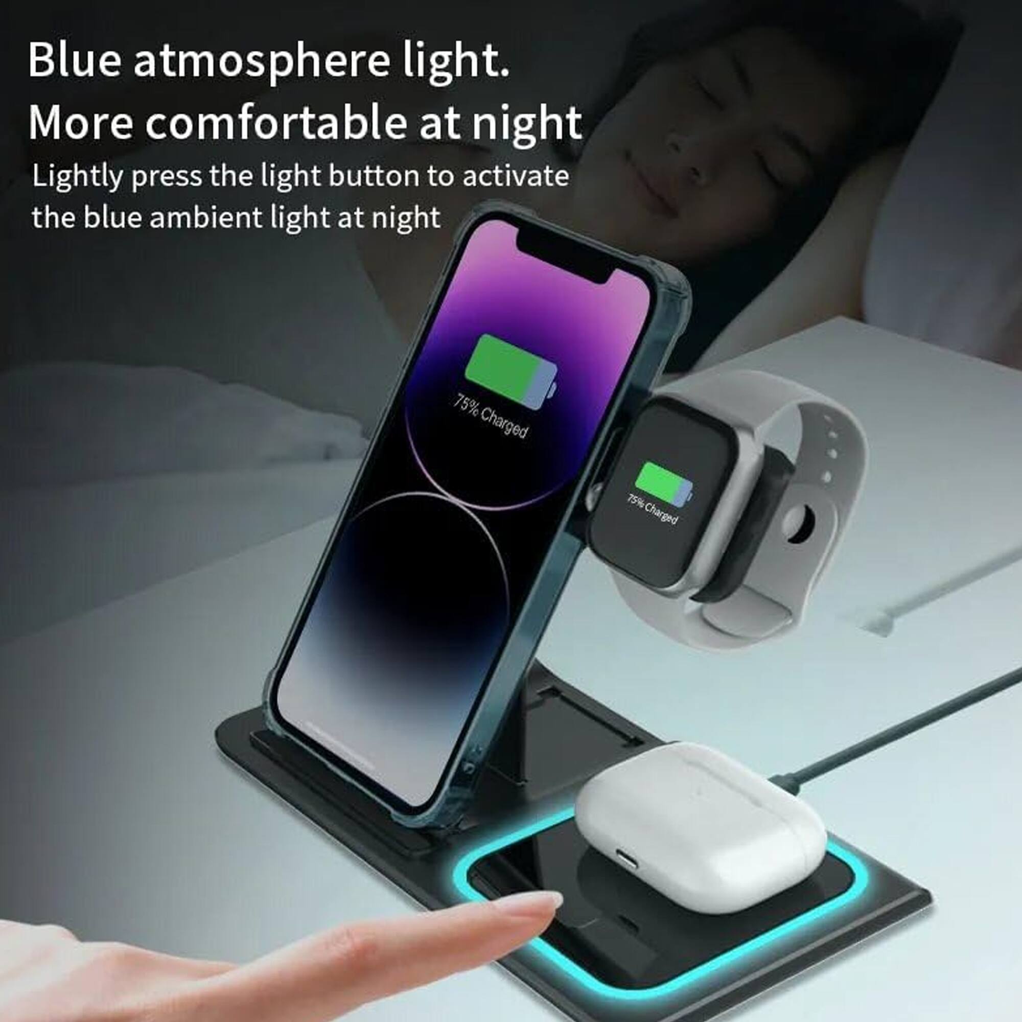 Blue atmosphere light.  
More comfortable at night.  
Lightly press the light button to activate the blue ambient light at night.  

75% Charged  
25% Charged