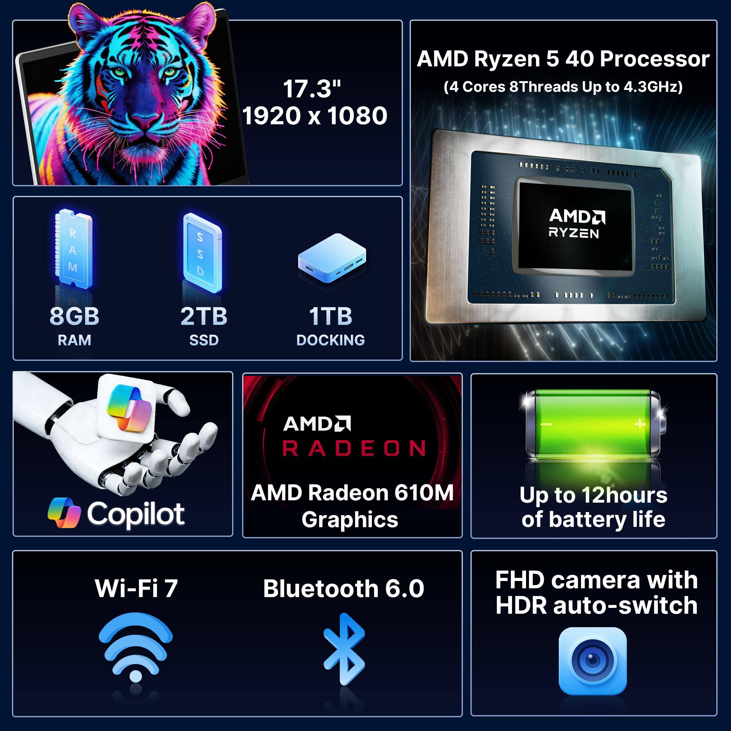 AMD Ryzen 5 40 Processor  
17.3" (4 Cores 8Threads Up to 4.3GHz)  
1920 x 1080  
8GB RAM  
2TB SSD  
1TB DOCKING  
AMD Radeon 610M Graphics  
Up to 12 hours of battery life  
Wi-Fi 7  
Bluetooth 6.0  
FHD camera with HDR auto-switch