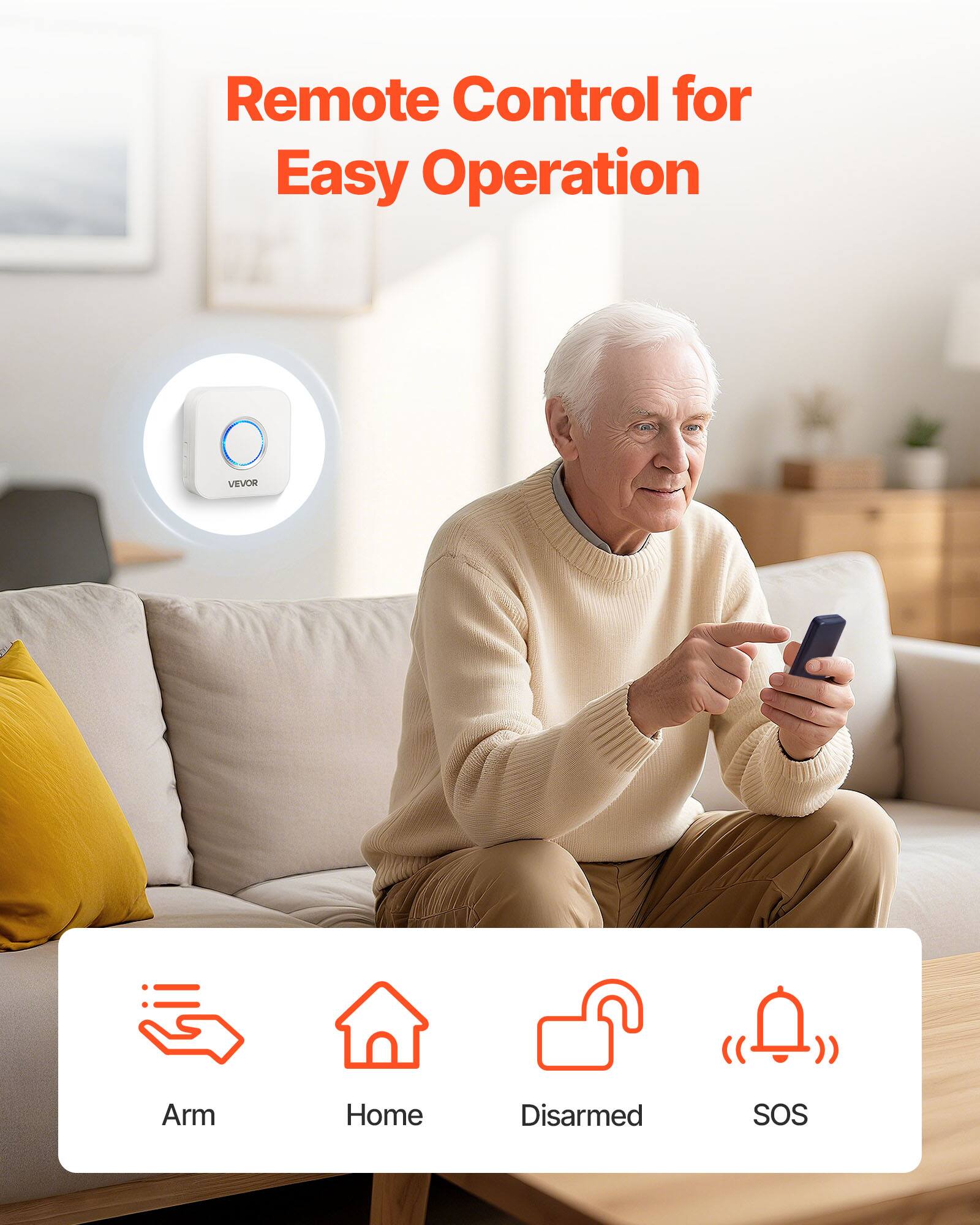 Remote Control for Easy Operation

- Arm
- Home
- Disarmed
- SOS