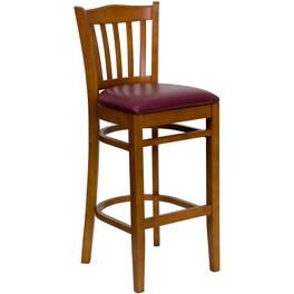 Emma + Oliver - Vertical Slat Back Wooden Restaurant Dining Barstool - Burgundy Vinyl Seat/Cherry Wood Frame