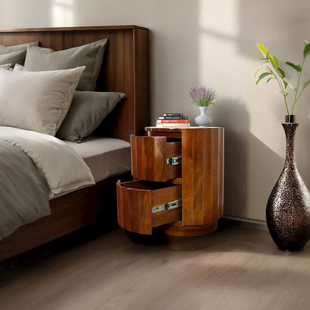Back. Carolina Chair & Table - Harrison Groove 16"x 21" Round Scallop Accent Table with Drawers - Chestnut - Chestnut.