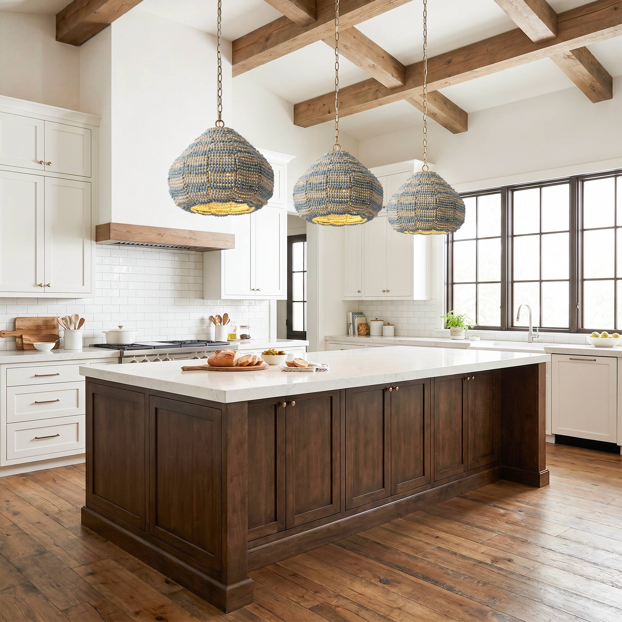 Left. Parrot Uncle - 15.7" Boho Wood Beaded 2-Light Adjustable Pendant Light for Dining Room and Kitchen Island - White,Blue.