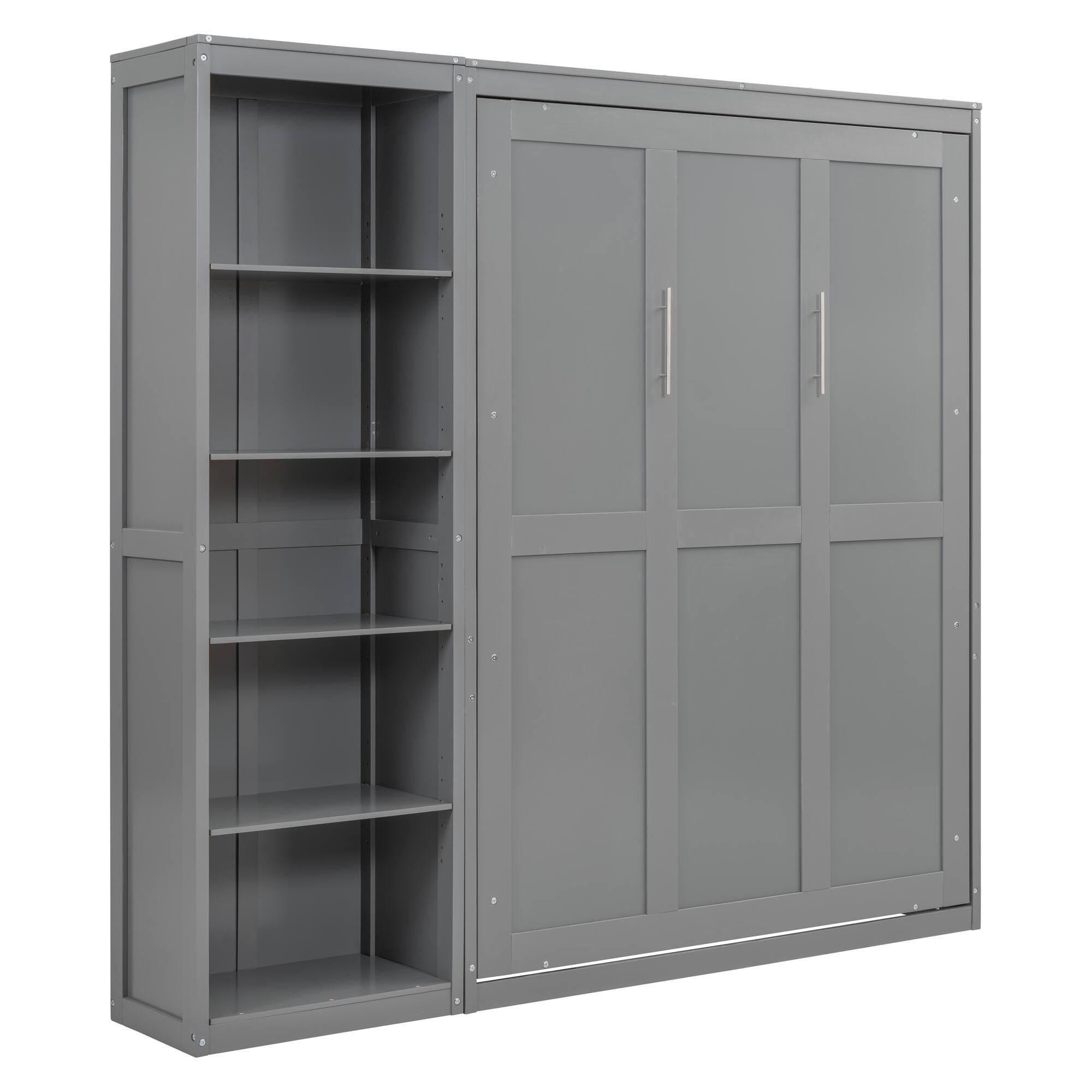 Back. Tiramisubest - Full Size Gray Murphy Wall Bed with Shelves, Solid Wood+MDF, Space-Saving - Gray.