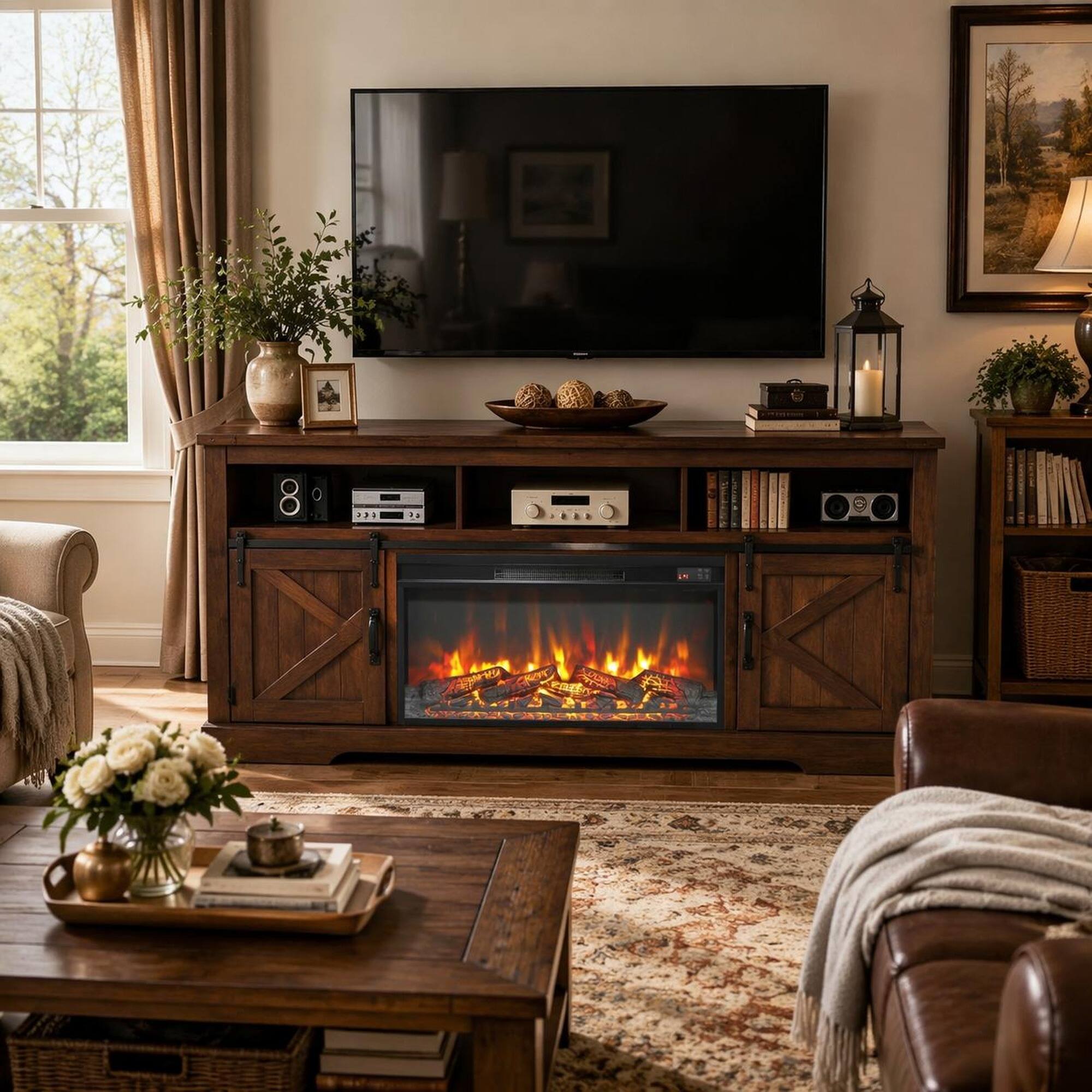 Angle. RYHNUYNE - 30" Electric Fireplace Insert – Ultra Thin Heater with Log Set, Realistic Flame, Remote Control & Timer - Antique Black.