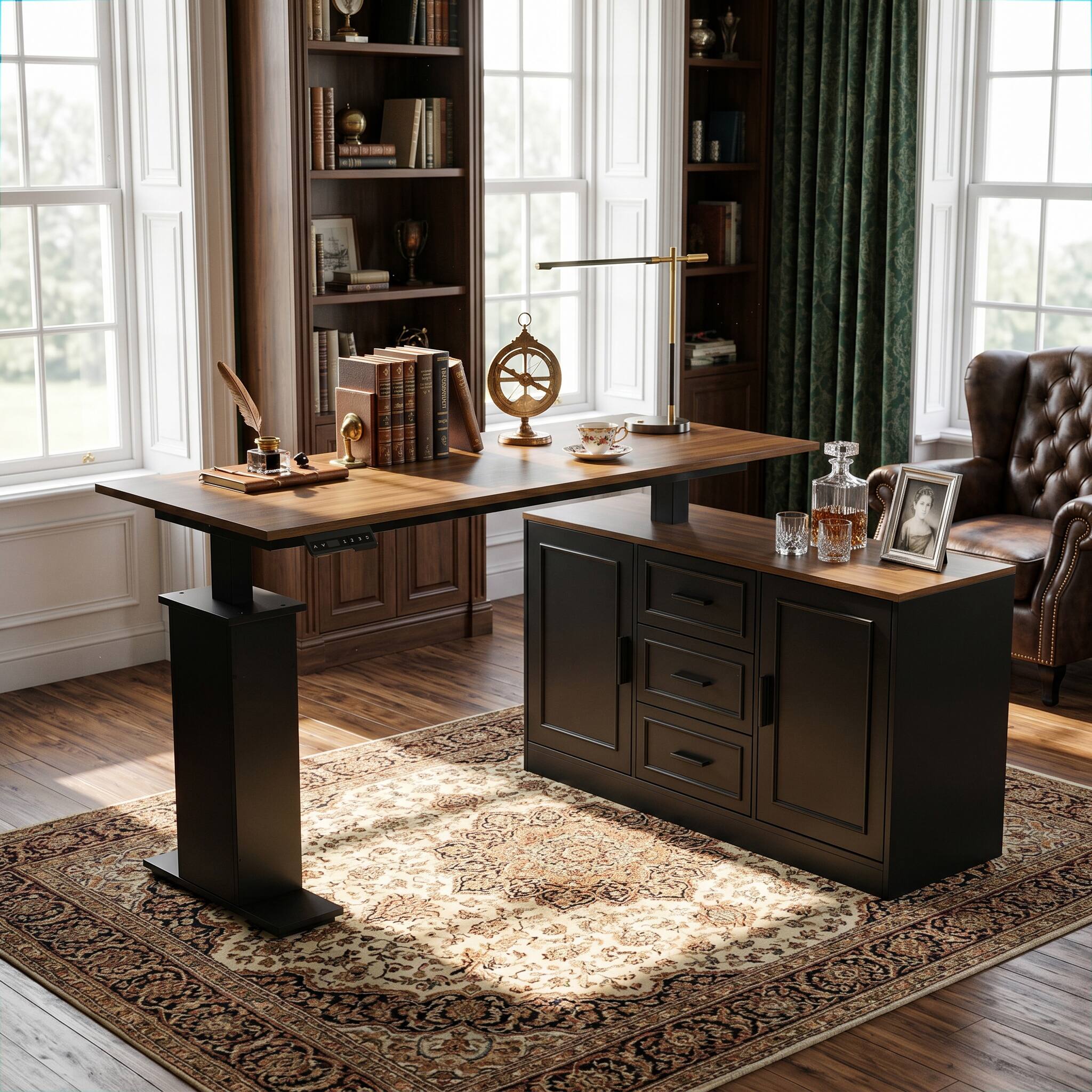 Left. Famapy - Electric Standing Desk with Storage Cabinet, 55.1" Adjustable Height Workstation, 150 LBS Capacity, Rustic Industrial - Walnut & Black.