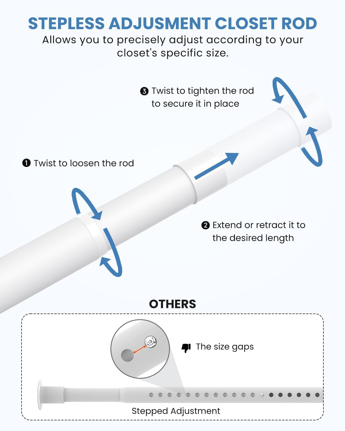 **Stepless Adjustment Closet Rod**

Allows you to precisely adjust according to your closet's specific size.

1. Twist to loosen the rod
2. Extend or retract it to the desired length
3. Twist to tighten the rod to secure it in place

**Others**

- The size gaps
- Stepped Adjustment