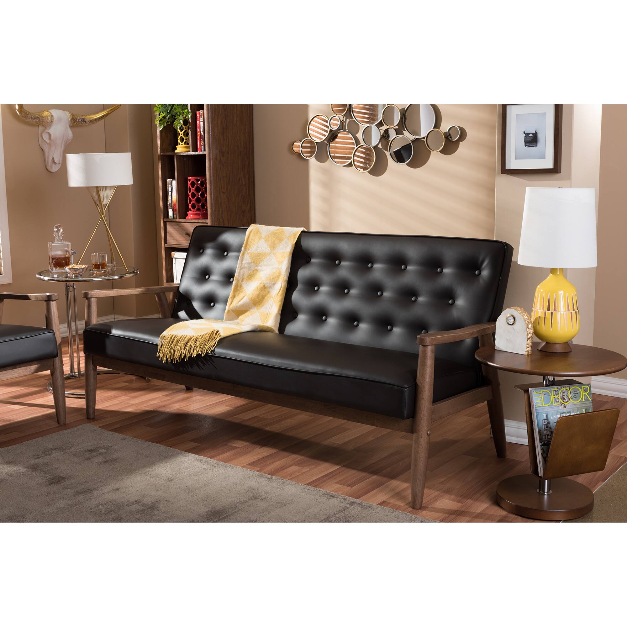 Alt View 1. Baxton Studio - Sorrento Mid-century Retro Modern Faux Leather Upholstered Wooden 3-seater Sofa - Dark Brown.