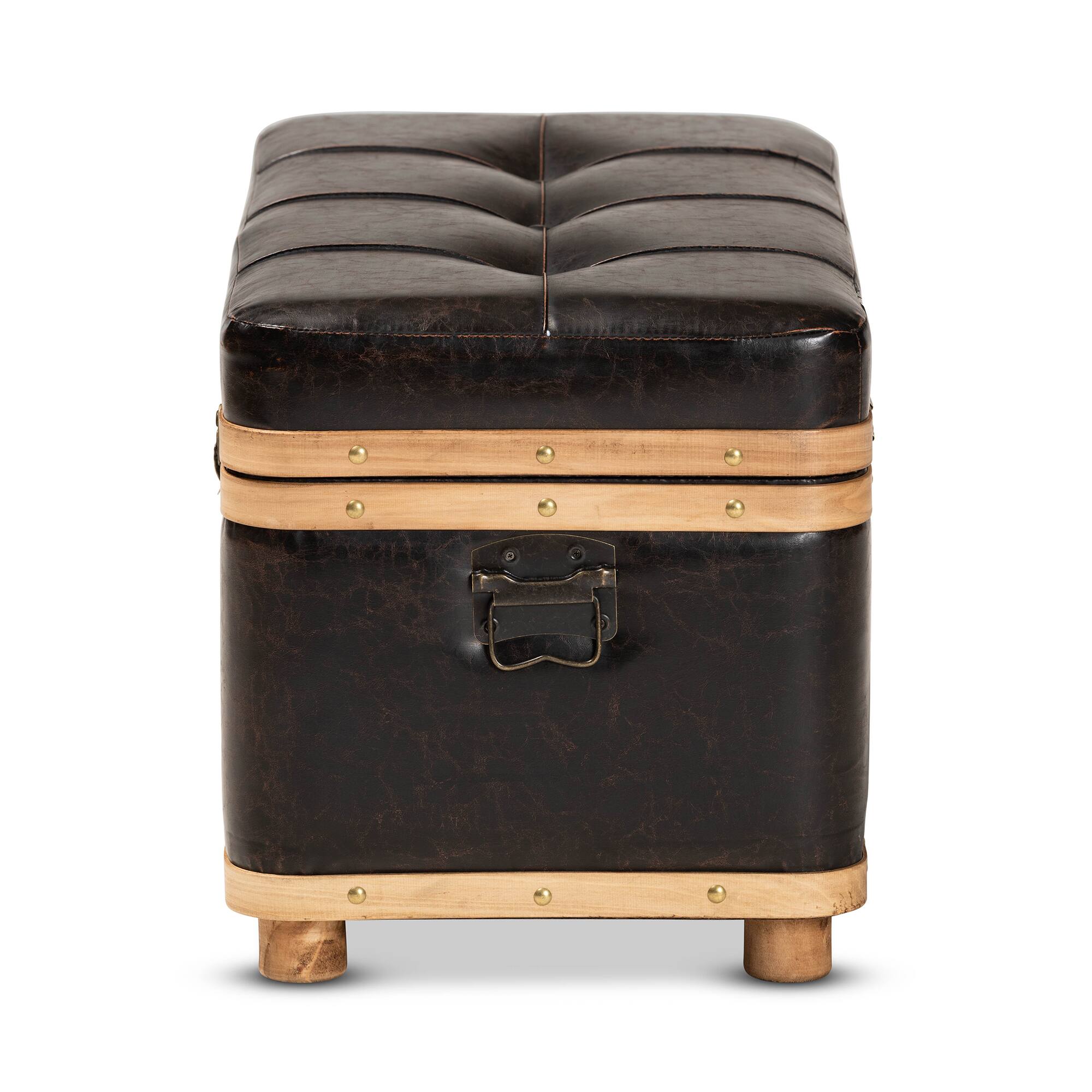Back. Baxton Studio - Gendry Modern Rustic Transitional Faux Leather Upholstered and Oak Brown Finished Wood Large Storage Ottoman - Dark Brown/Oak Brown.