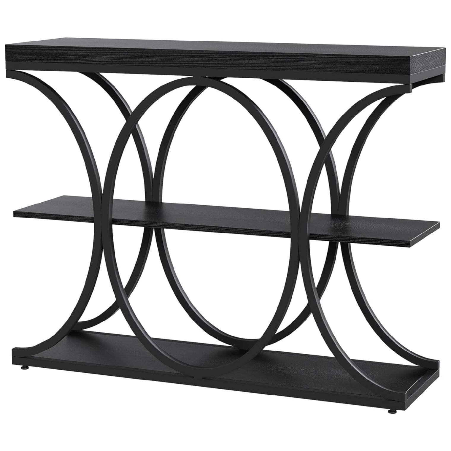 Angle. GARVEE - 39 in Farmhouse Console Table for Entryway, 3 Tier Wooden Sofa Table Behind Couch with Storage Shelves & Geometric Legs - BLACK.
