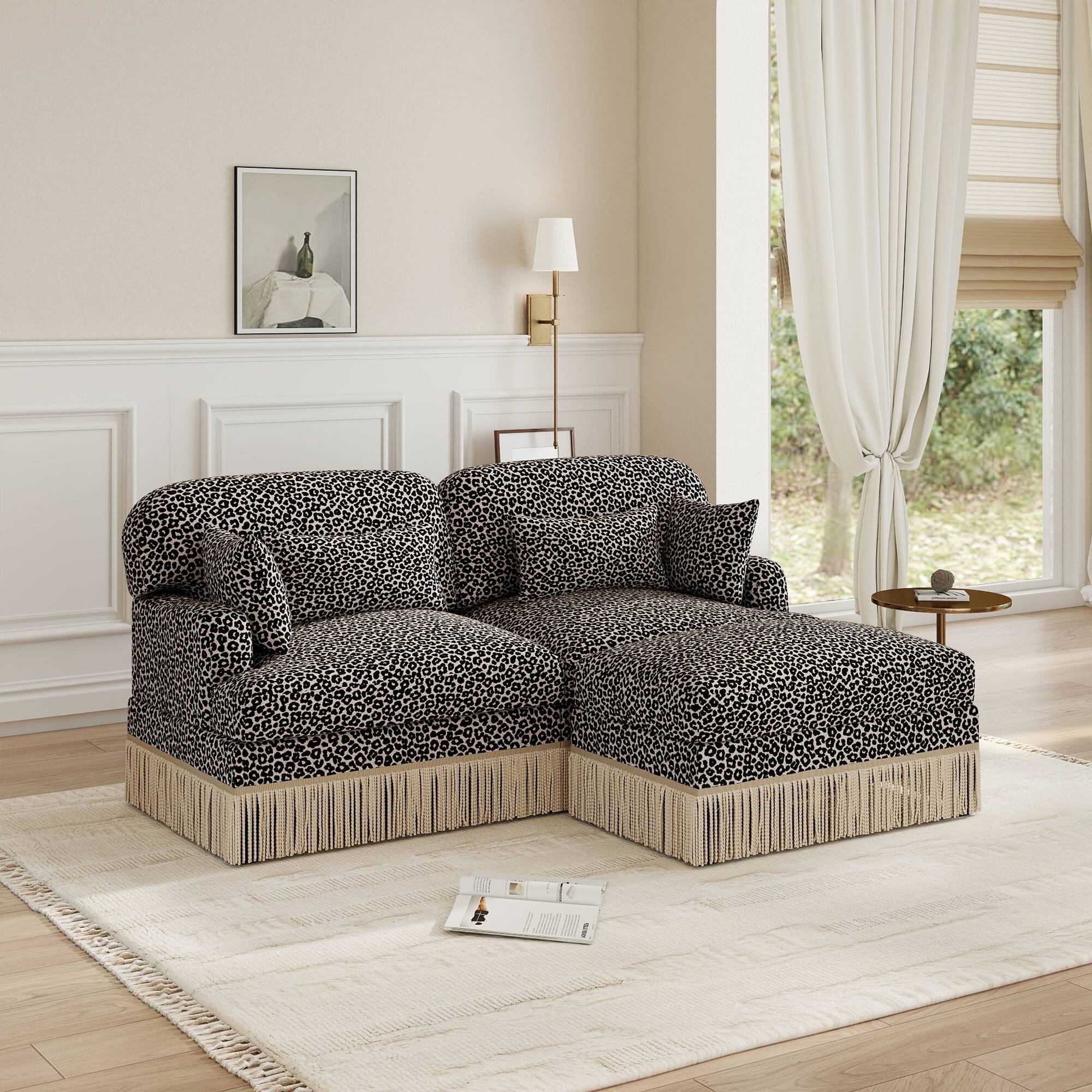 Left. Anysun - Delicate Fashion Style Chenille Leopard Printing L-Shape Sofa with Movable Ottoman, Easy Assembly - khaki.