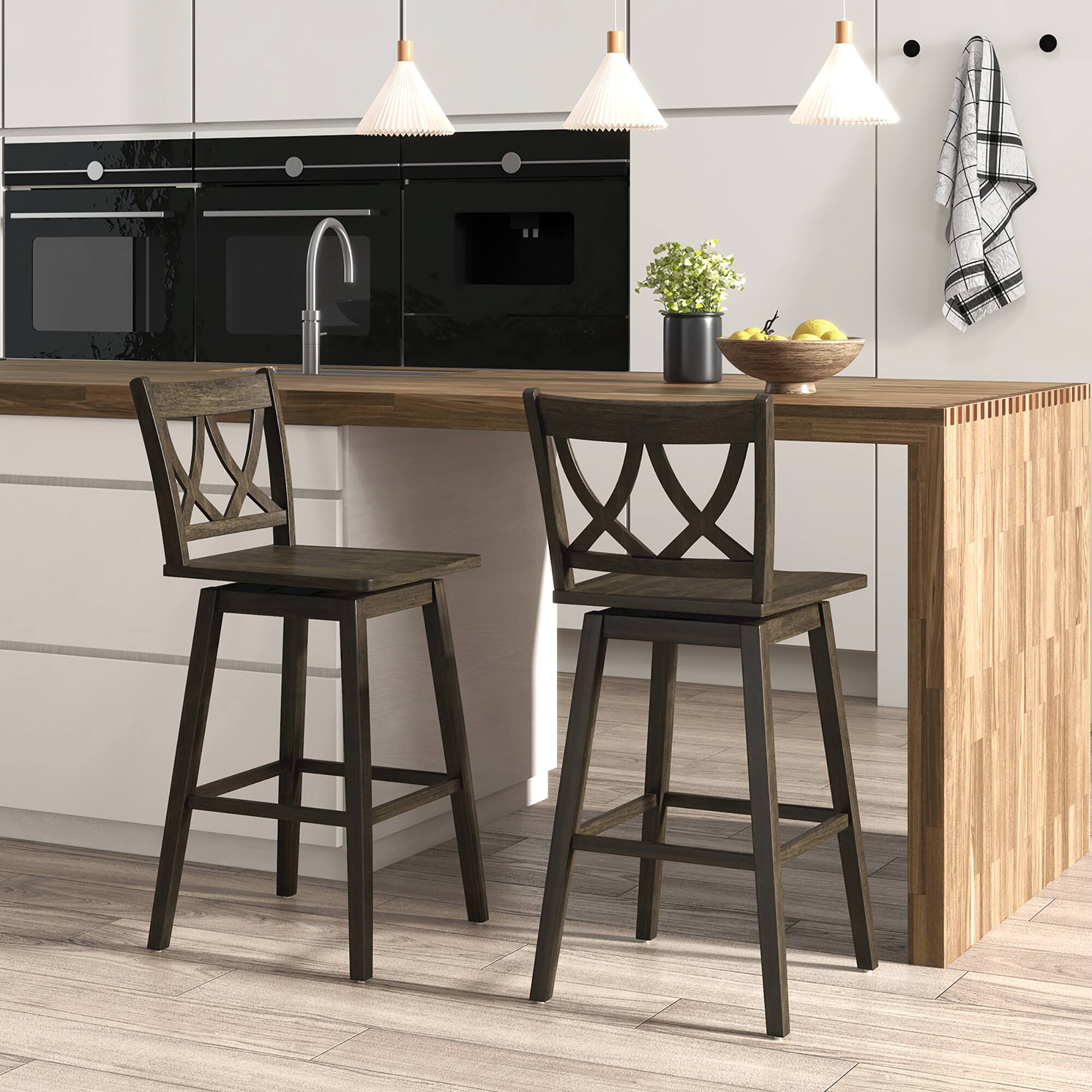 Alt View 3. Gymax - Gymax 29'' Bar Stool Set of 2 w/Rubber Wood Frame Swivel Seat Ergonomic Backrest - Gray.