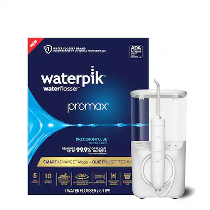 NEW 1 WATER FLOSSER BRAND RECOMMENDED BY US DENTAL PROFESSIONALS ADA Accepted - waterpik waterflosser promax PRECISIONPULSE TECHNOLOGY REMOVES UP TO 99.9% PLAQUE BACTERIA FROM TREATED AREAS ON SMARTADVANCE Mode + QUIETPULSE TECHNOLOGY OFF 5 TO 10 MINUTE SMART 360° ADVANCE MODE - 1 WATER FLOSSER / 5 TIPS