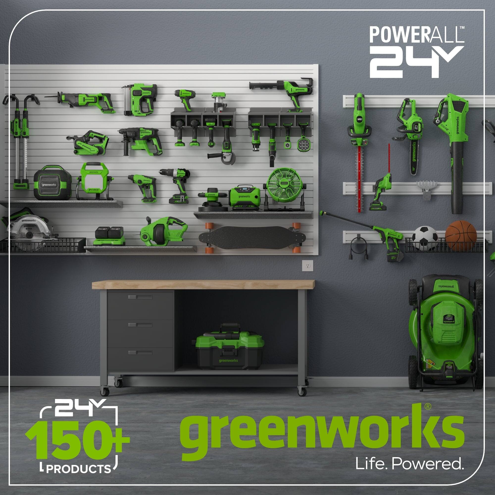 The text on the image reads: "1 POWERALL 24Y 7 A4 - i - greenworks 24Y 150+ greenworks L PRODUCTS Life. Powered."