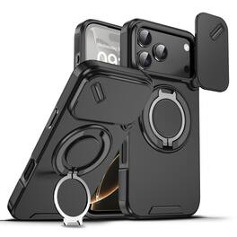 Dteck - Magnetic Ring Stand Case for iPhone 17 Pro Max with Lens Protection Hard Back Cover - Black