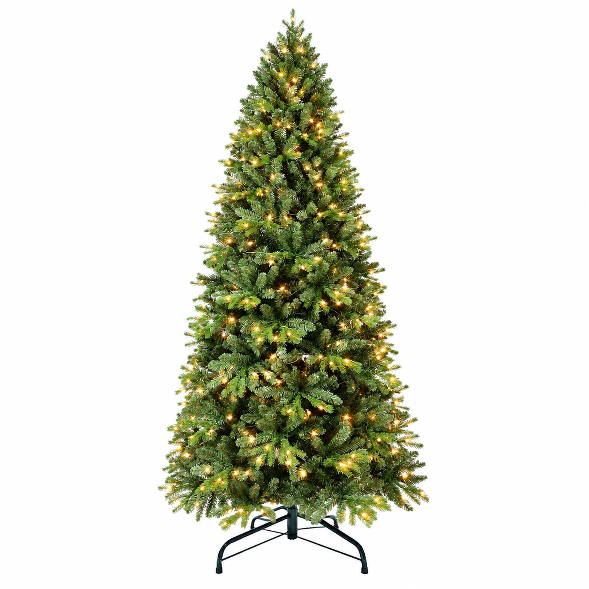 Front. RYHNUYNE - 6FT Pre-Lit Artificial Christmas Tree With 300 Warm White LED Lights and 1032 Tips, Hinged Metal Stand - Green.