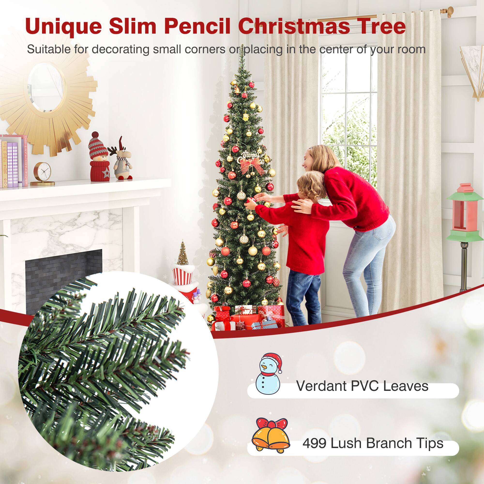 Unique Slim Pencil Christmas Tree  
Suitable for decorating small corners or placing in the center of your room  

Verdant PVC Leaves  
499 Lush Branch Tips