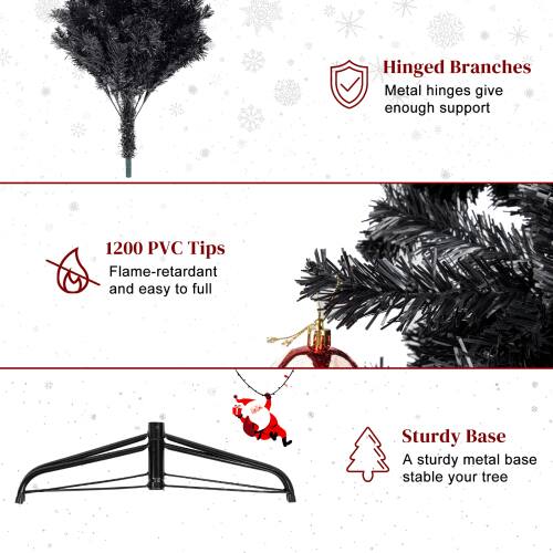 Hinged Branches  
Metal hinges give enough support  

1200 PVC Tips  
Flame-retardant and easy to full  

Sturdy Base  
A sturdy metal base stable your tree