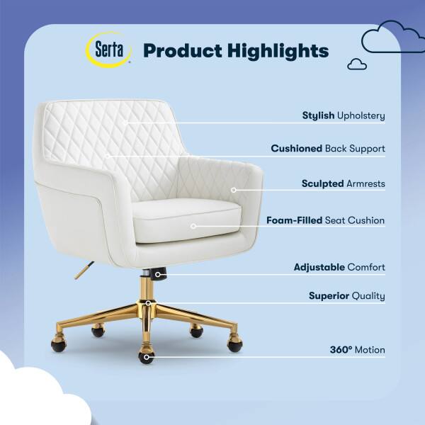 Serta Product Highlights

- Stylish Upholstery
- Cushioned Back Support
- Sculpted Armrests
- Foam-Filled Seat Cushion
- Adjustable Comfort
- Superior Quality
- 360° Motion