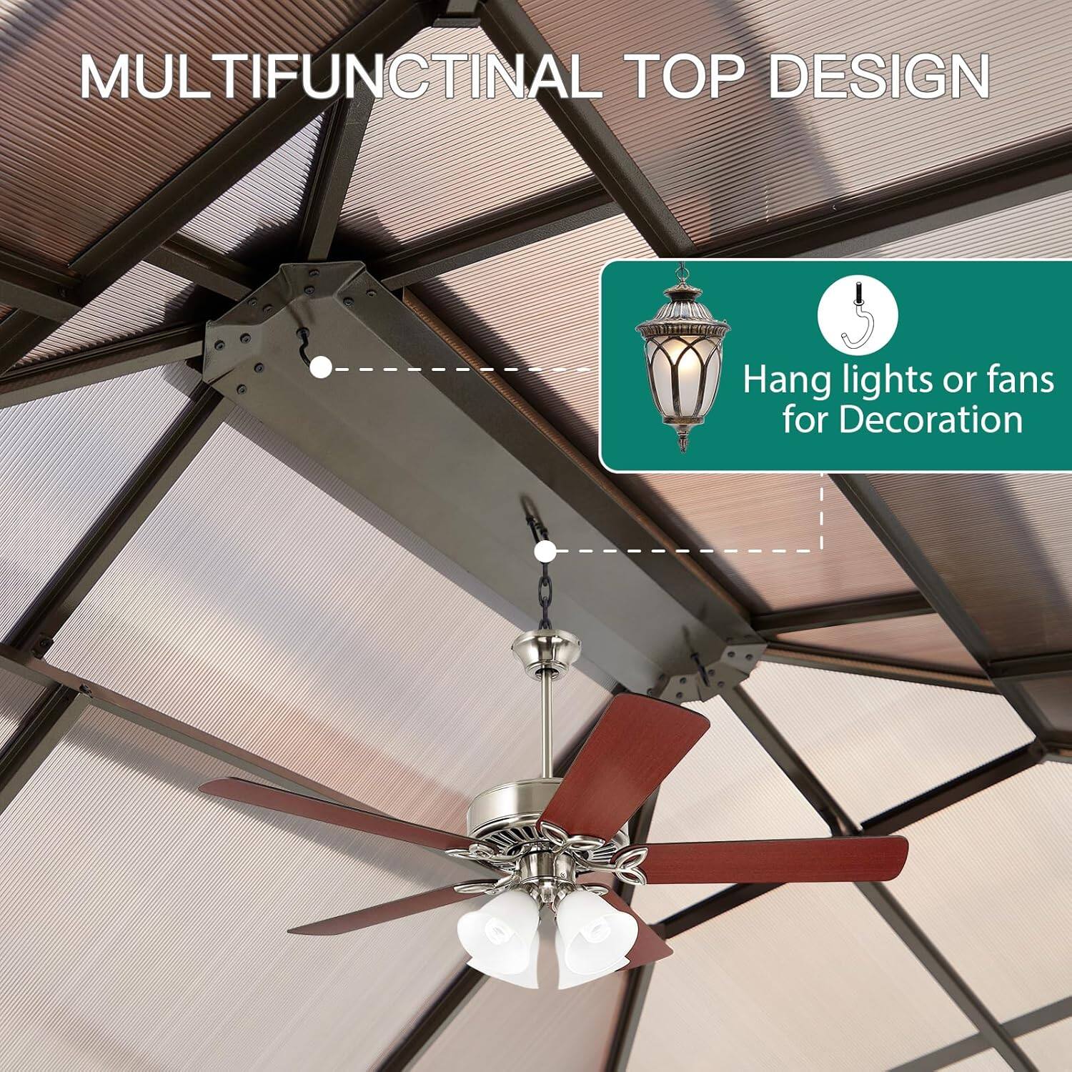 MULTIFUNCTIONAL TOP DESIGN

Hang lights or fans for Decoration