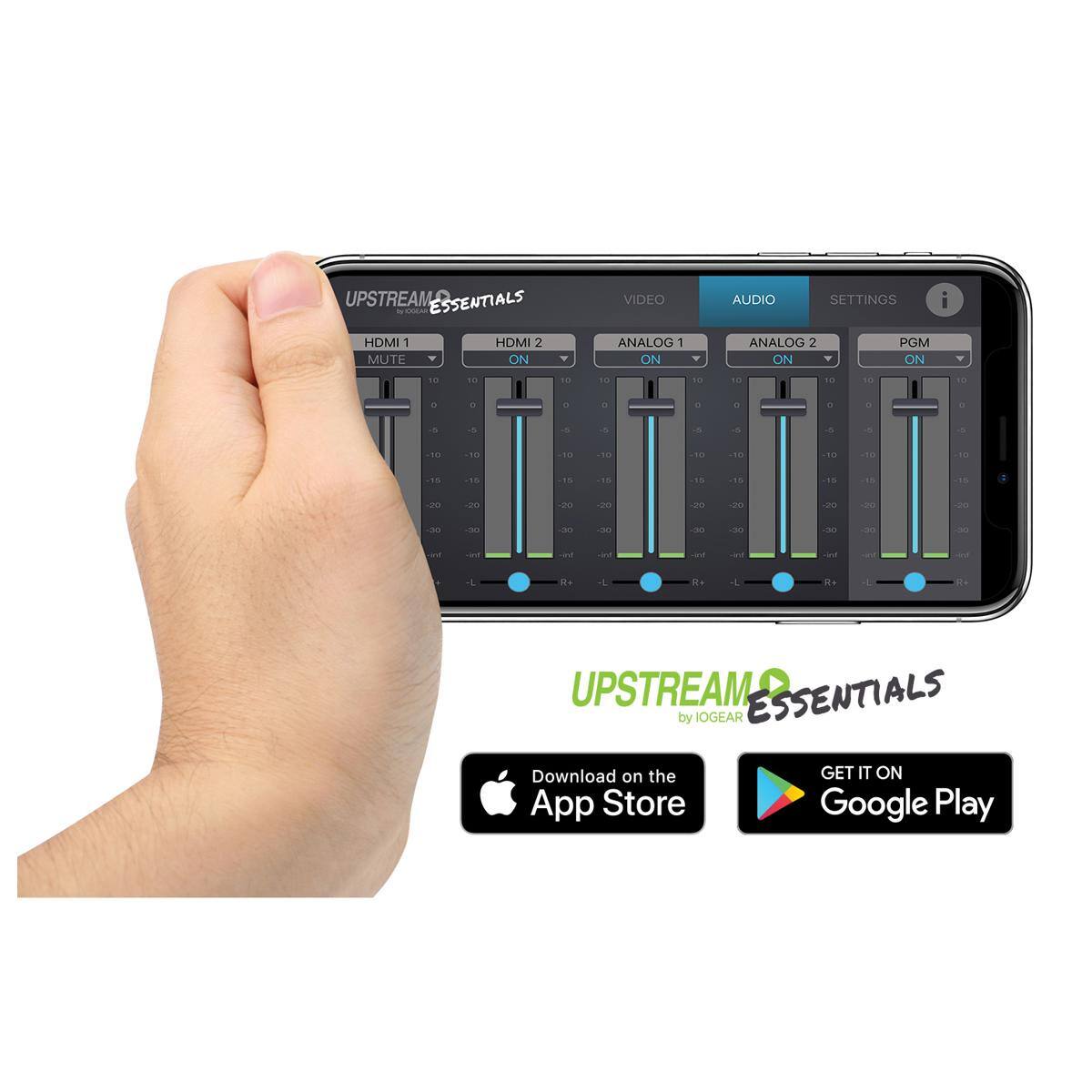 UPSTREAM ESSENTIALS by OGEAR

HDMI 1 MUTE ON
HDMI 2 MUTE ON
VIDEO ANALOG 1 ON
AUDIO SETTINGS ANALOG 2 PGM ON ON

i
10
10
10
10
10
10
10
10
10

0
0
3
0
0
de
1
0
5
5
5
5
5
5
5
10
10
10
10
-15
-10
10
50
10
15
-15
15
15
15
15
15
15
15
-20
-20
-20
20
20
-20
20
20
20
00
30
30
30
30
30
00
30
-50

and
int
int
ind
R+
R+
R+
-L
R+

UPSTREAM ESSENTIALS by OGEAR Download on the GET IT ON App Store