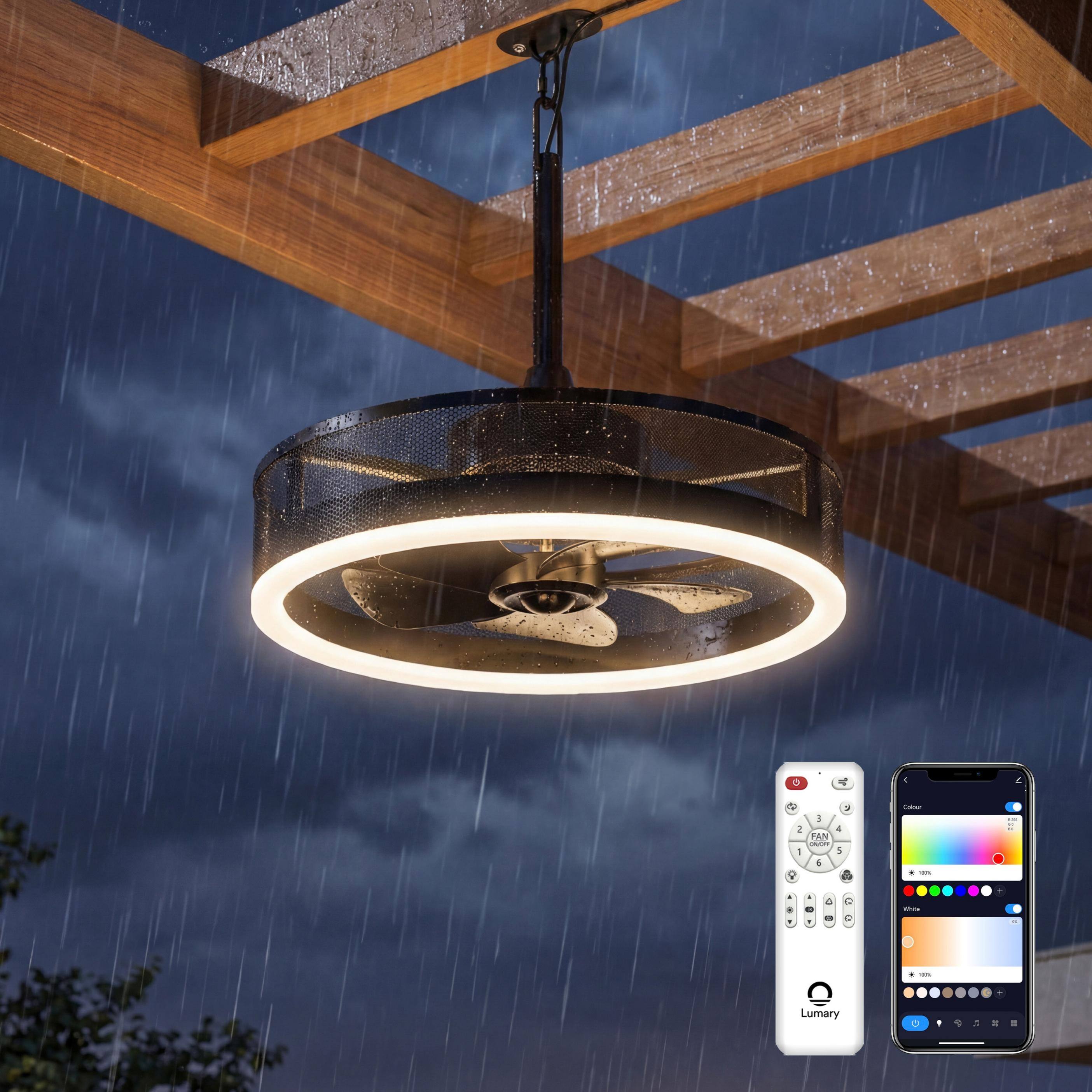 Left. Lumary - 20" Outdoor Smart RGBCW Ceiling Fan, WiFi Bluetooth Direct Connect, Plug-in Hanging Fan with Remote, Alexa & Google - Black.
