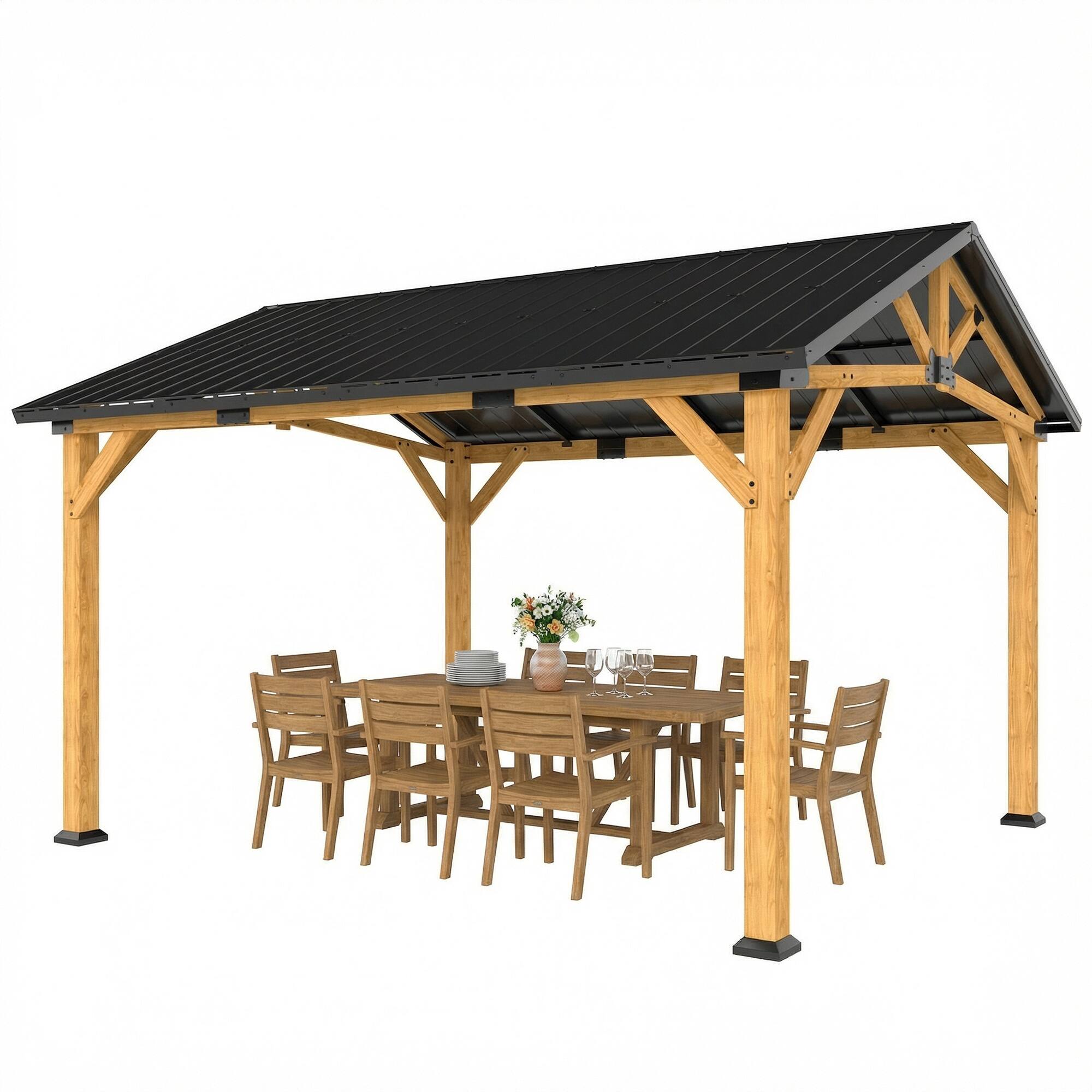 Outsunny - x 11' Hardtop Gazebo Canopy with Galvanised Metal Roof, Fir Wood Frame and Central Hook for Patio - Black Gray and Natural