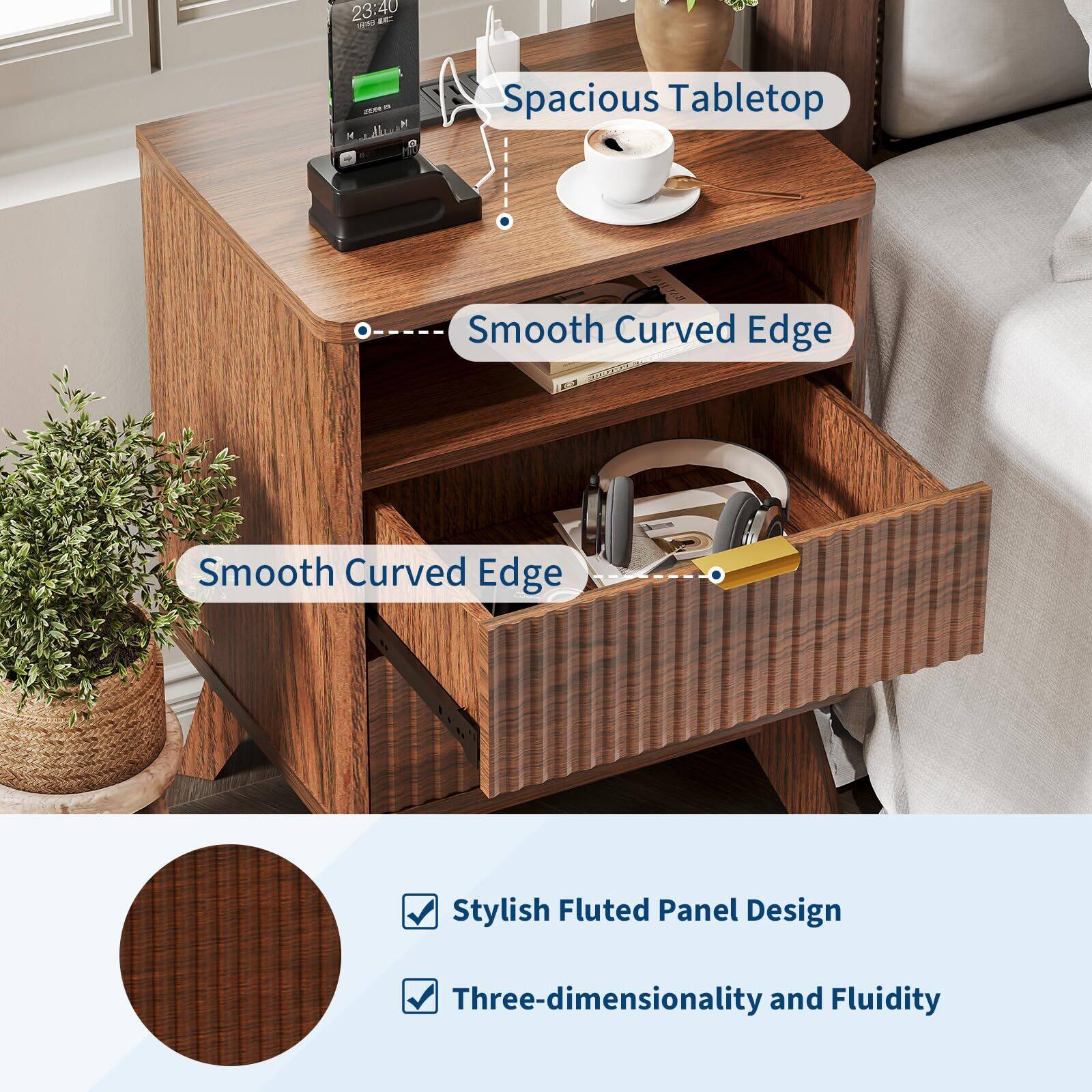 Alt View 3. Acekool - Fluted Nightstand  Set of 2 with Charging Station, 15" Mid Century Modern Bedside Table with 2 Drawer - Brown.