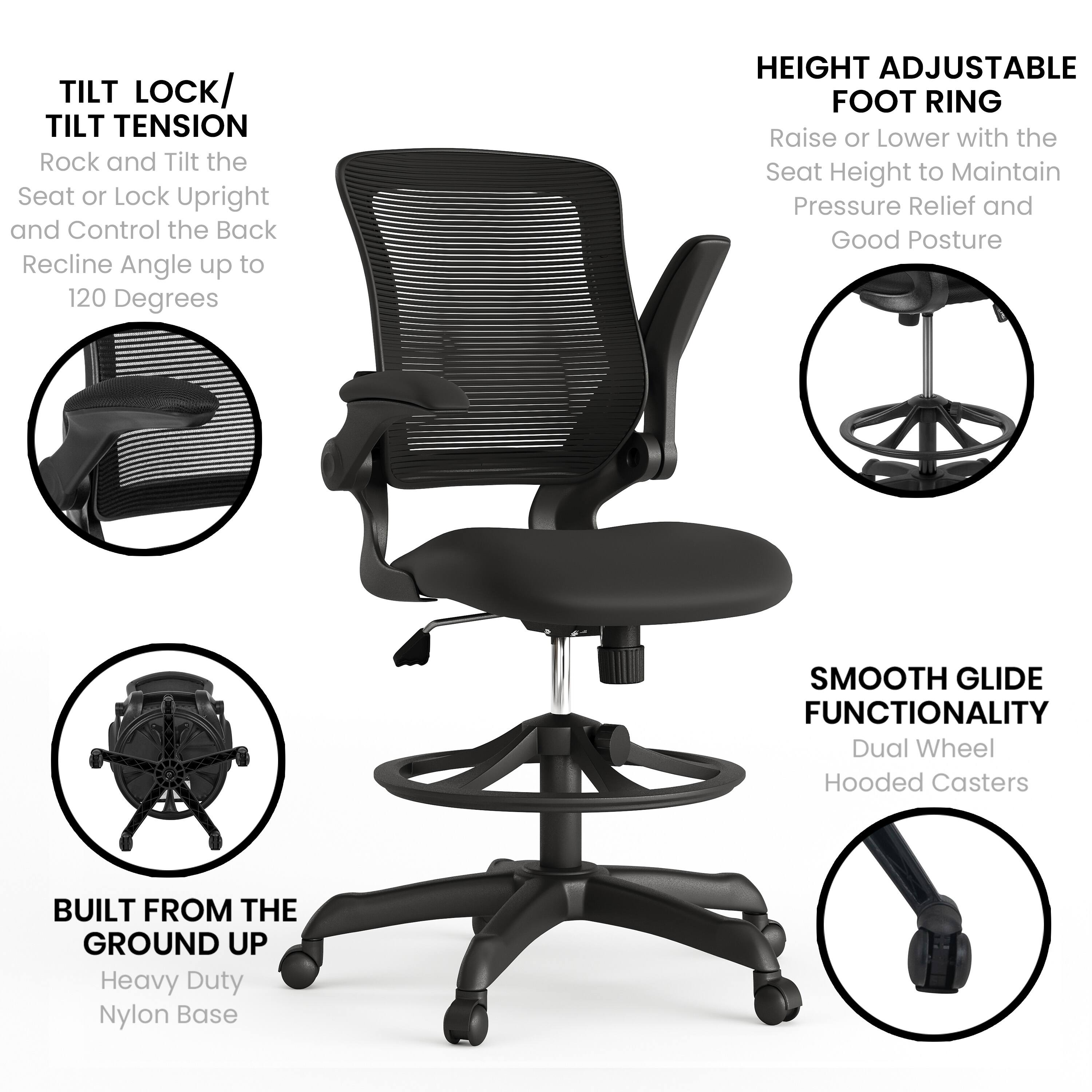 - TILT LOCK/ TILT TENSION: Rock and Tilt the Seat or Lock Upright and Control the Back Recline Angle up to 120 Degrees
- HEIGHT ADJUSTABLE FOOT RING: Raise or Lower with the Seat Height to Maintain Pressure Relief and Good Posture
- SMOOTH GLIDE FUNCTIONALITY: Dual Wheel Hooded Casters
- BUILT FROM THE GROUND UP: Heavy Duty Nylon Base
