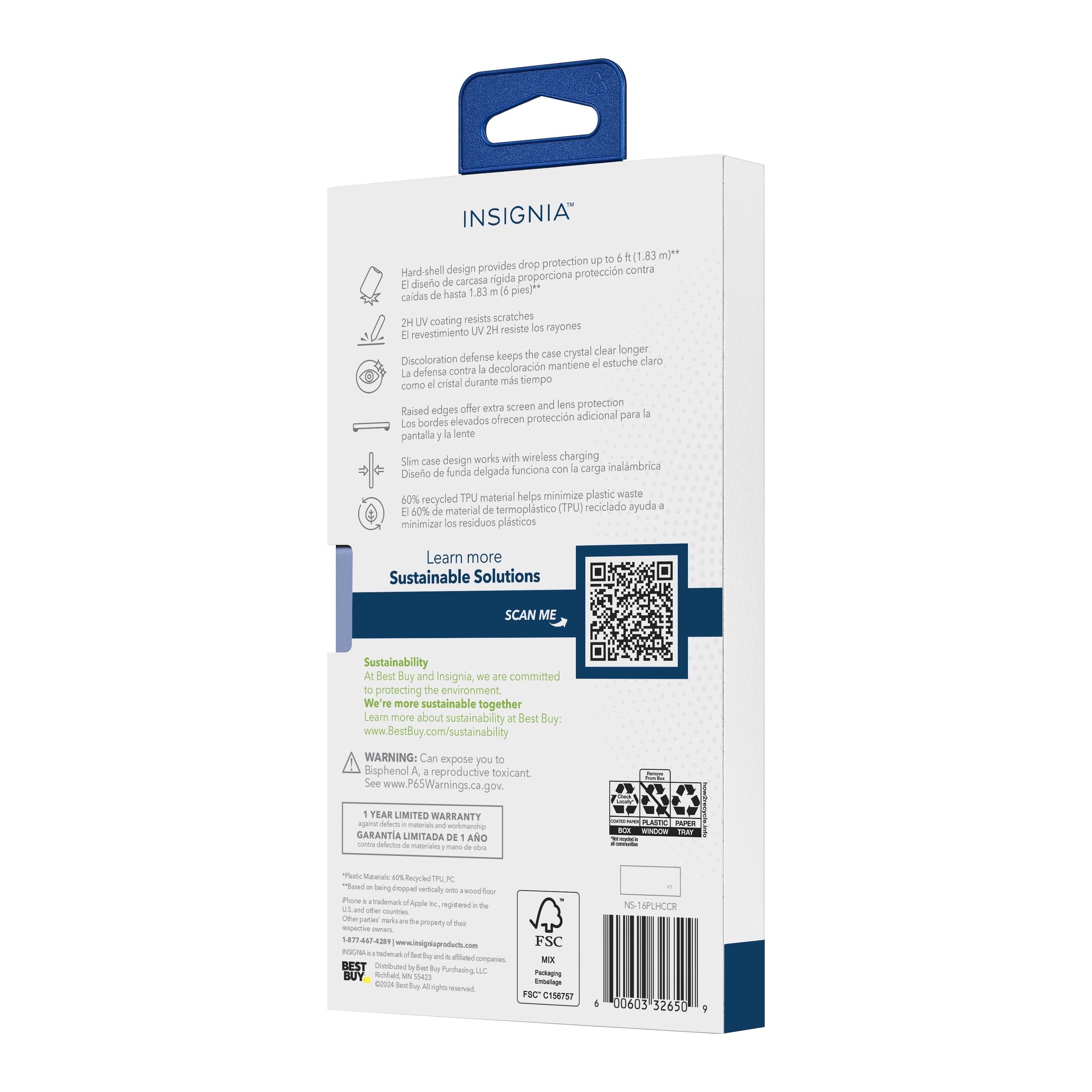 Sure, here is the corrected and grouped text from the image:

---

**INSIGNIA**

- **Hard-shell design provides drop protection up to 6 ft. (1.83 m)**  
  *El diseño de carasa rígida proporciona protección contra caídas de hasta 6 ft. (1.83 m)*

- **2H UV coating resists scratches**  
  *El revestimiento UV 2H resiste los rayones*

- **Discoloration defense keeps the case crystal clear longer**  
  *La defensa contra la decoloración mantiene el estuche claro durante más tiempo*

- **Raised edges offer extra screen and lens protection**  
  *Los bordes elevados ofrecen protección adicional para la pantalla y lente*

- **Slim case design works with wireless charging**  
  *Diseño de funda delgada funciona con carga inalámbrica*

- **60% recycled TPU material helps minimize plastic waste**  
  *60% de material de termoplástico (TPU) reciclado ayuda a minimizar los residuos plásticos*

---

**Sustainable Solutions**

- **Learn more**  
  *Le