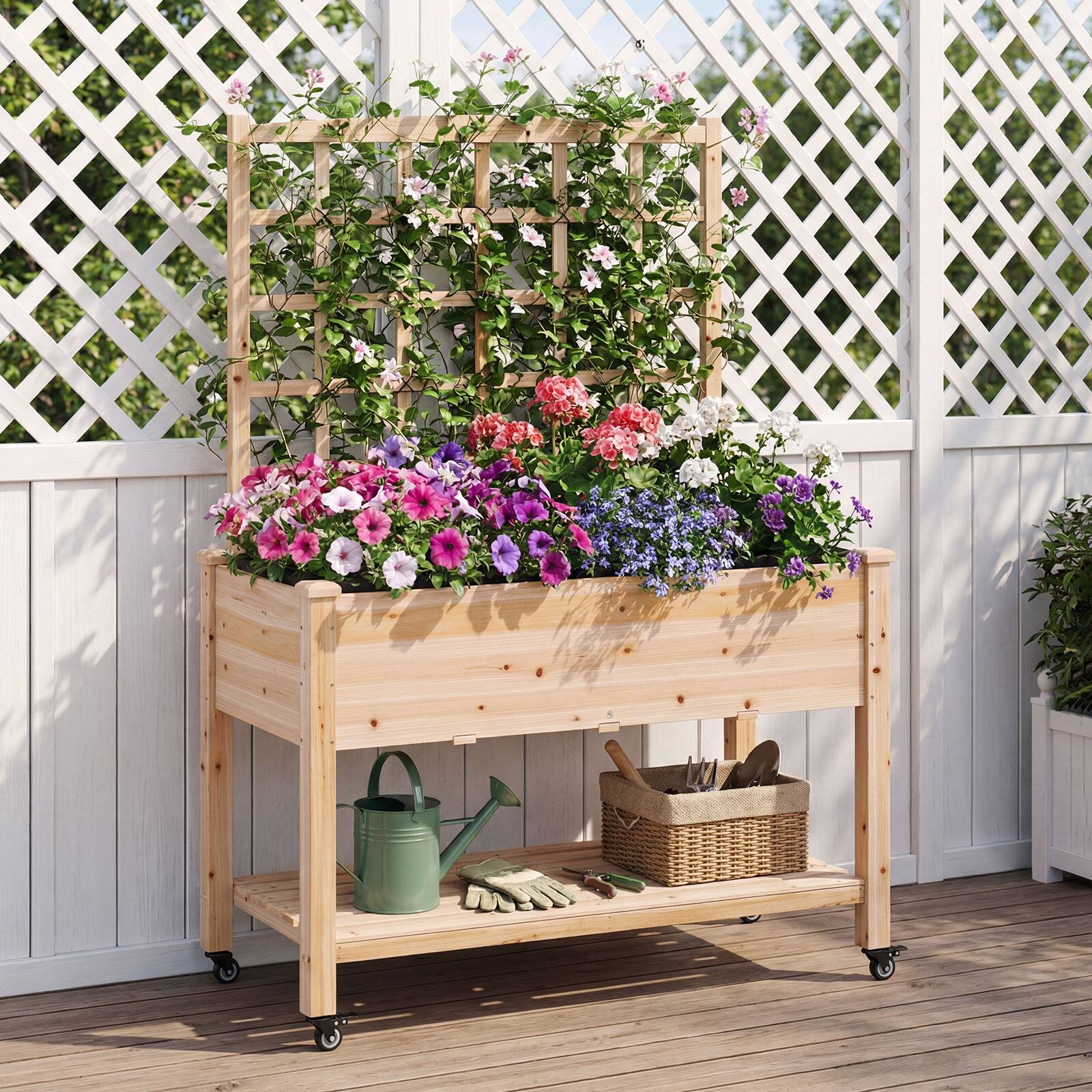 Alt View 1. Costway - Costway 2 PCS Wooden Raised Garden Bed with Trellis 47x23x65 in, Liner, Drainage Holes - Natural.