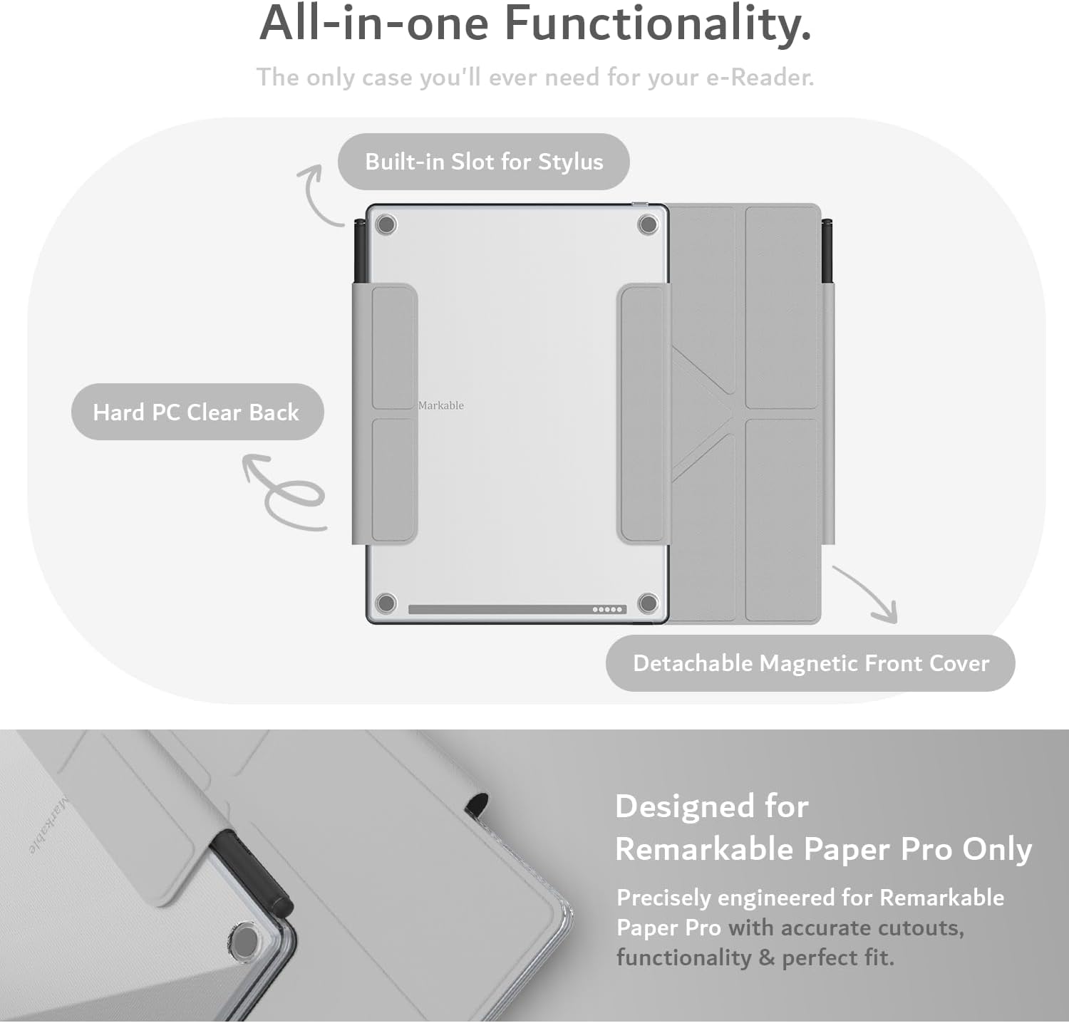 All-in-one Functionality.  
The only case you'll ever need for your e-Reader.  

Built-in Slot for Stylus  
Hard PC Clear Back  
Markable  
Detachable Magnetic Front Cover  

Designed for Remarkable Paper Pro Only  
Precisely engineered for Remarkable Paper Pro with accurate cutouts, functionality & perfect fit.