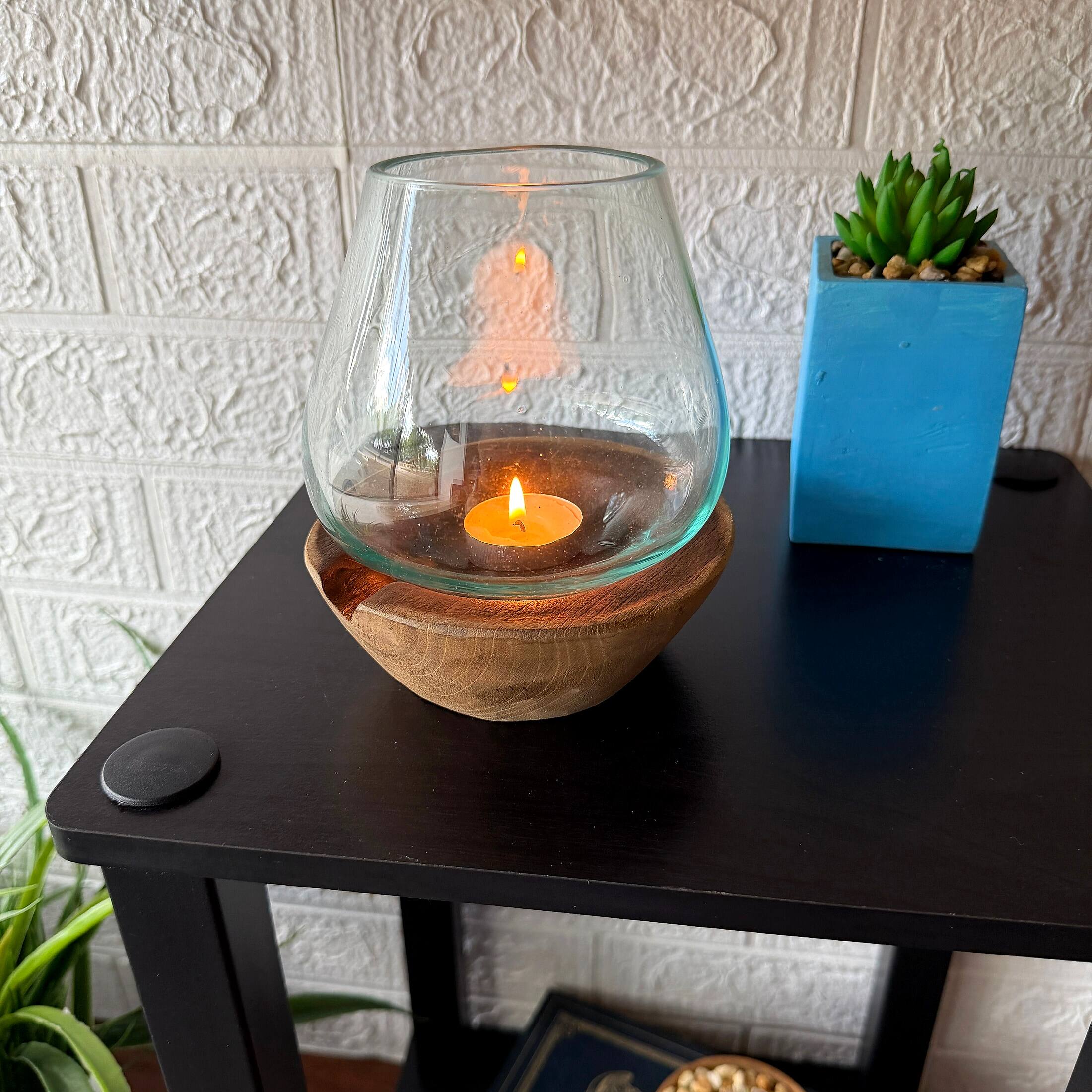 Alt View 3. Things2Die4 - Decorative Glass Candle Lantern Natural Wood Base 6.5 in Handmade Accent - Natural.