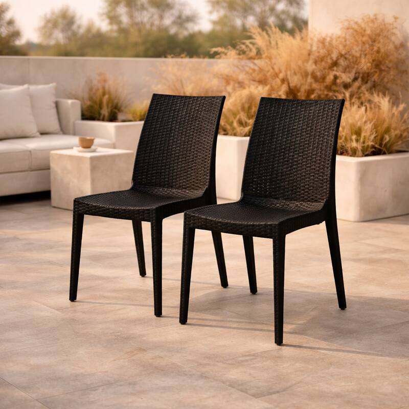 Angle. LeisureMod - Mace 2-Pieces Modern Ergonomic Dining Chair with Stackable and Wicker Style - Black.