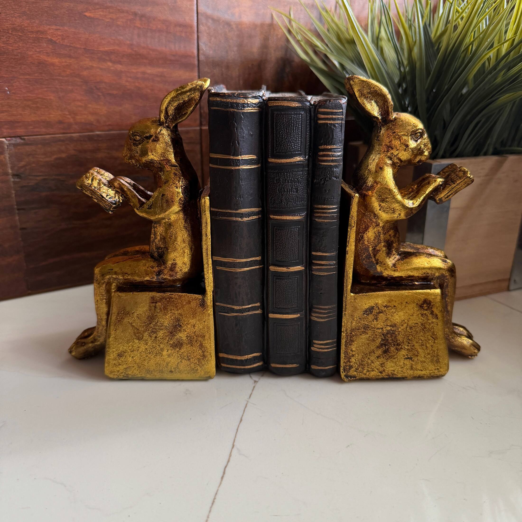 Alt View 6. Things2Die4 - Antique Gold Rabbit Bookends Set of 2 Resin Bookworm Decor 6.75 Inch - Gold.