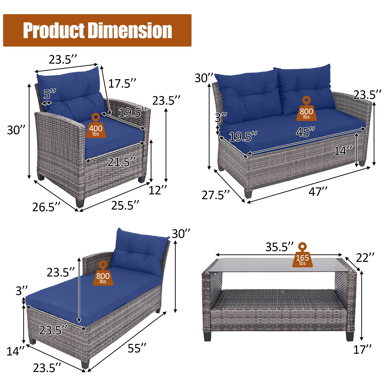 Product Dimension

- 30" x 23.5" x 5" (400 lbs)
- 21.5" x 17.5" x 19.5" (800 lbs)
- 45" x 23.5" x 14" (800 lbs)
- 26.5" x 25.5" x 27.5" x 47" x 3" (800 lbs)
- 30" x 35.5" x 22" x 17" (165 lbs)
- 55" x 23.5" x 14"