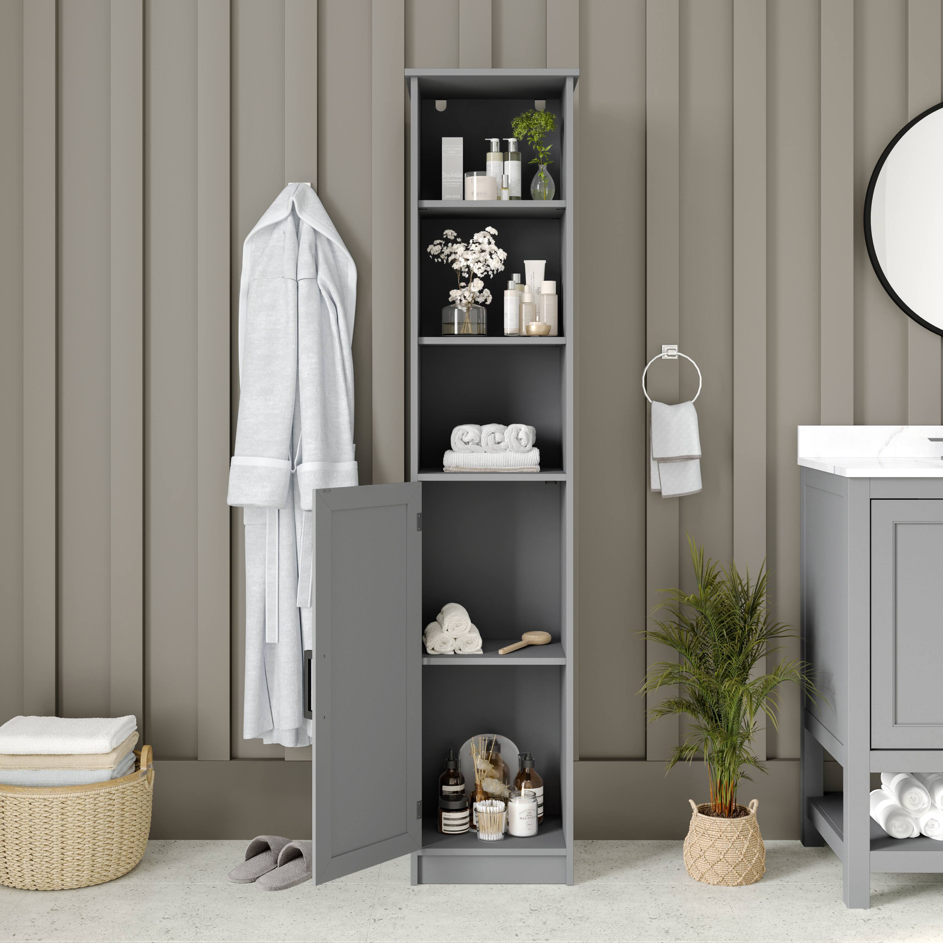 Alt View 3. Emma + Oliver - Modern Freestanding Linen Tower with Shelves and Magnetic Close Door - Gray.