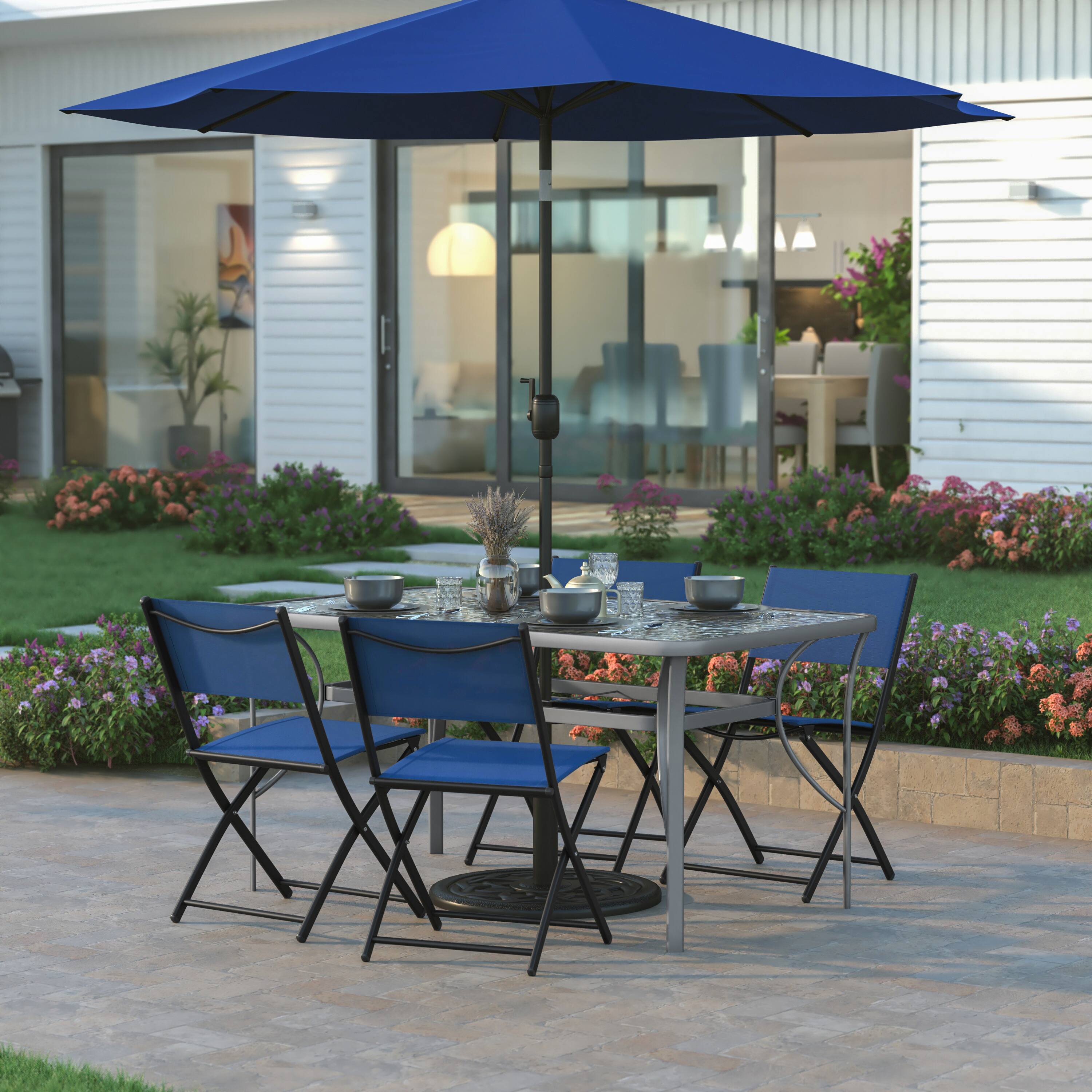 Alt View 1. Emma + Oliver - Tala Rectangular Tempered Glass Top Patio Table with Umbrella Hole and Black Steel Tube Frame - Clear Top/Silver Frame.