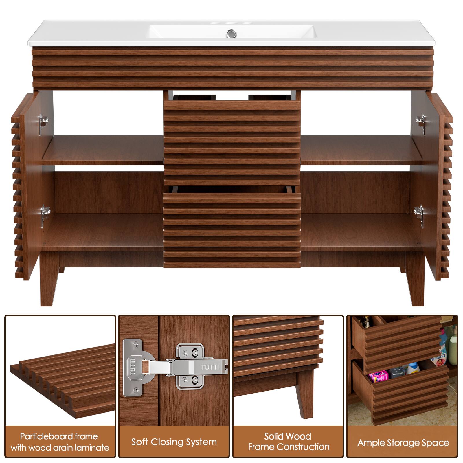 Particleboard frame with wood arain laminate, Soft Closing System, Solid Wood Frame Construction, Ample Storage Space