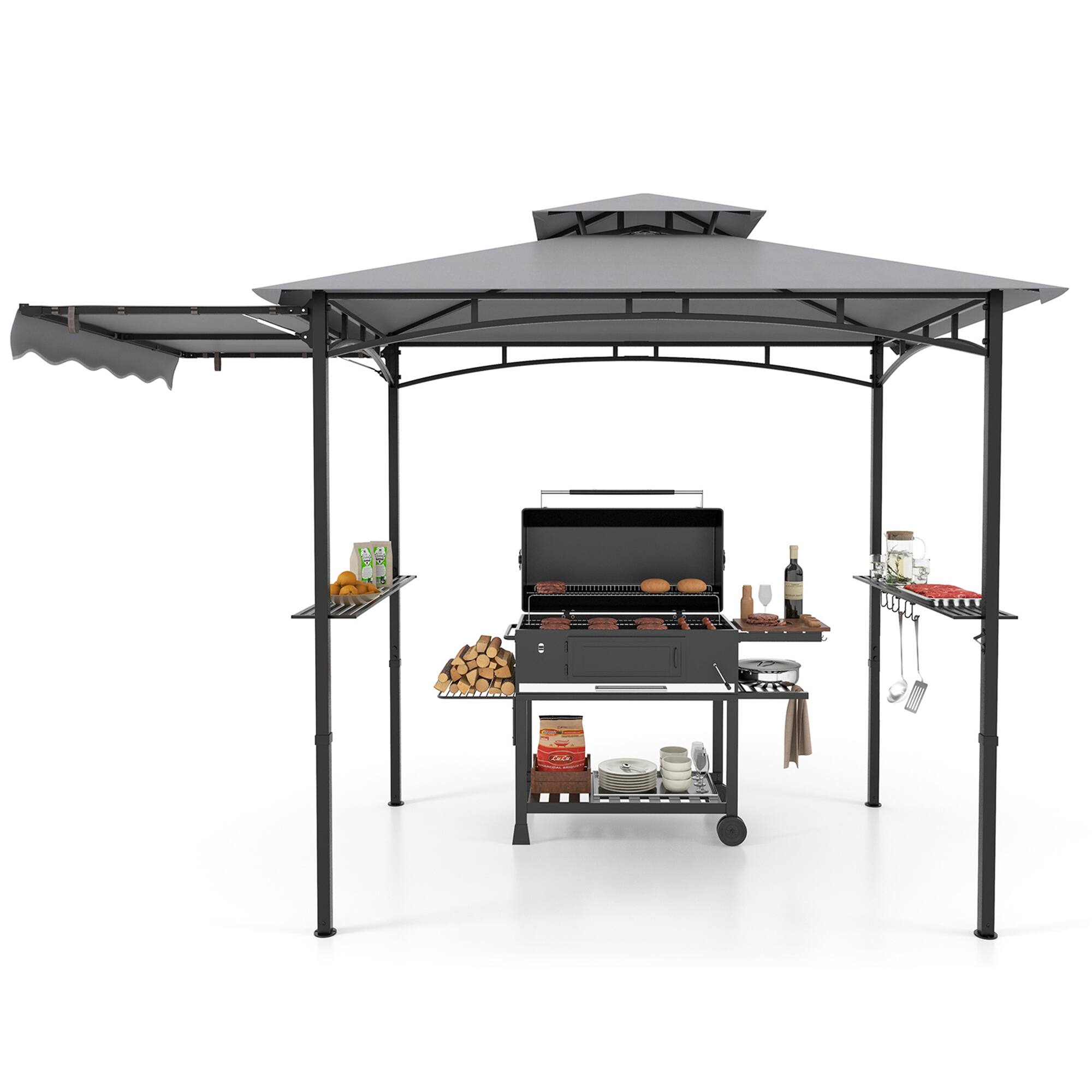 Alt View 9. Gymax - Gymax 11 x 5 FT Grill BBQ Gazebo w/ Side Awning Double-Tiered Top 2 Side Shelves - Grey, Black.