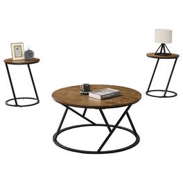 Vaczon - Modern 3 Pc Living Room Table Set with Artistic Metal Base, Coffee Table, and 2 End Tables - Natural