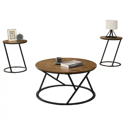 Front. Vaczon - Modern Natural 3 Pc Living Room Table Set with Artistic Metal Base, Coffee Table, and 2 End Tables - Natural.